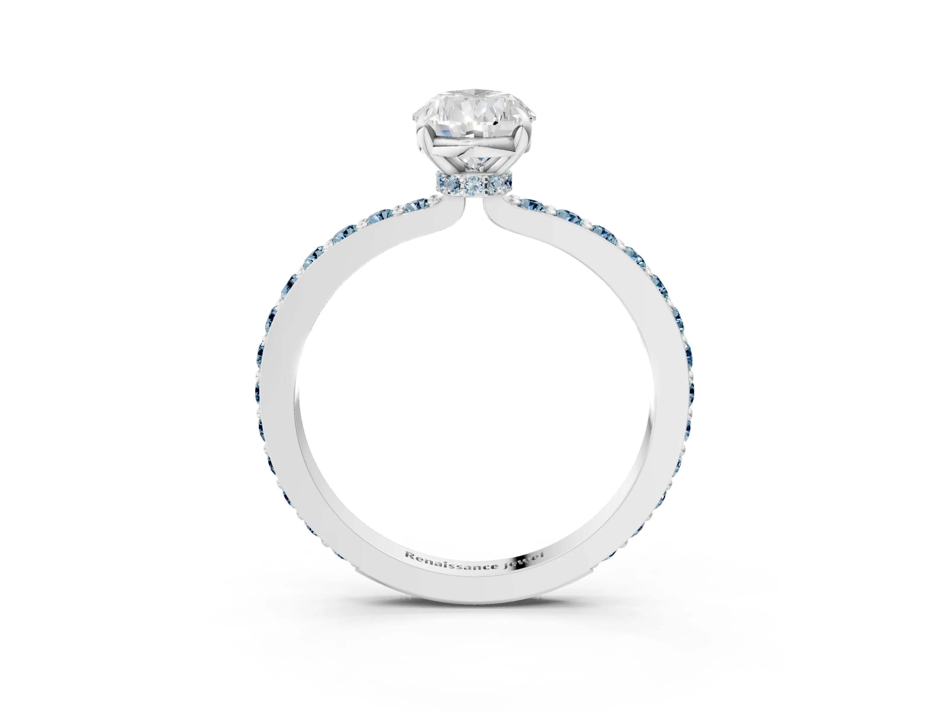 White gold Pear Cut Diamond Pavé Engagement Ring with Round with Aquamarine side stone Accents and Prong Setting_27