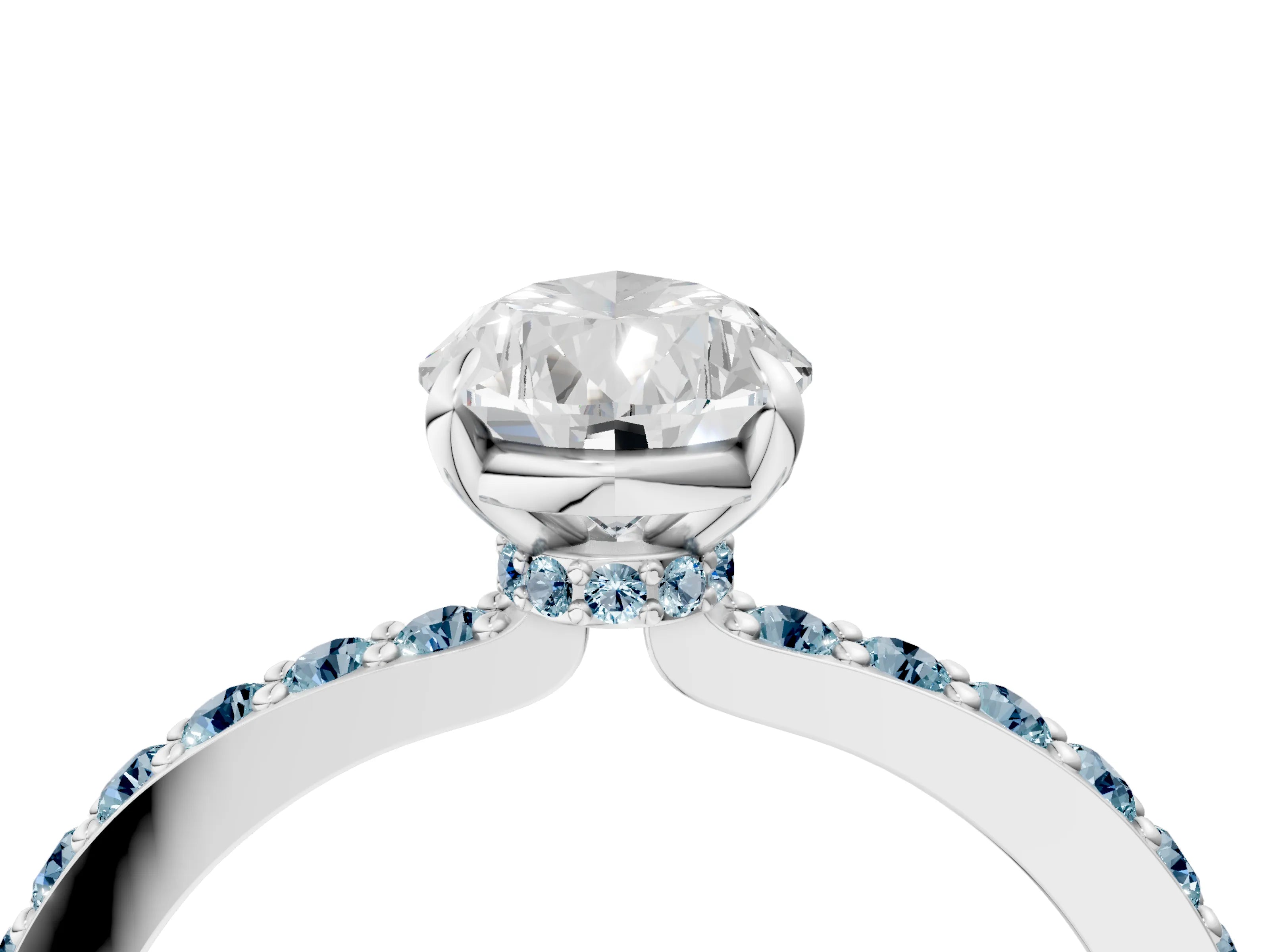 White gold Pear Cut Diamond Pavé Engagement Ring with Round with Aquamarine side stone Accents and Prong Setting_28