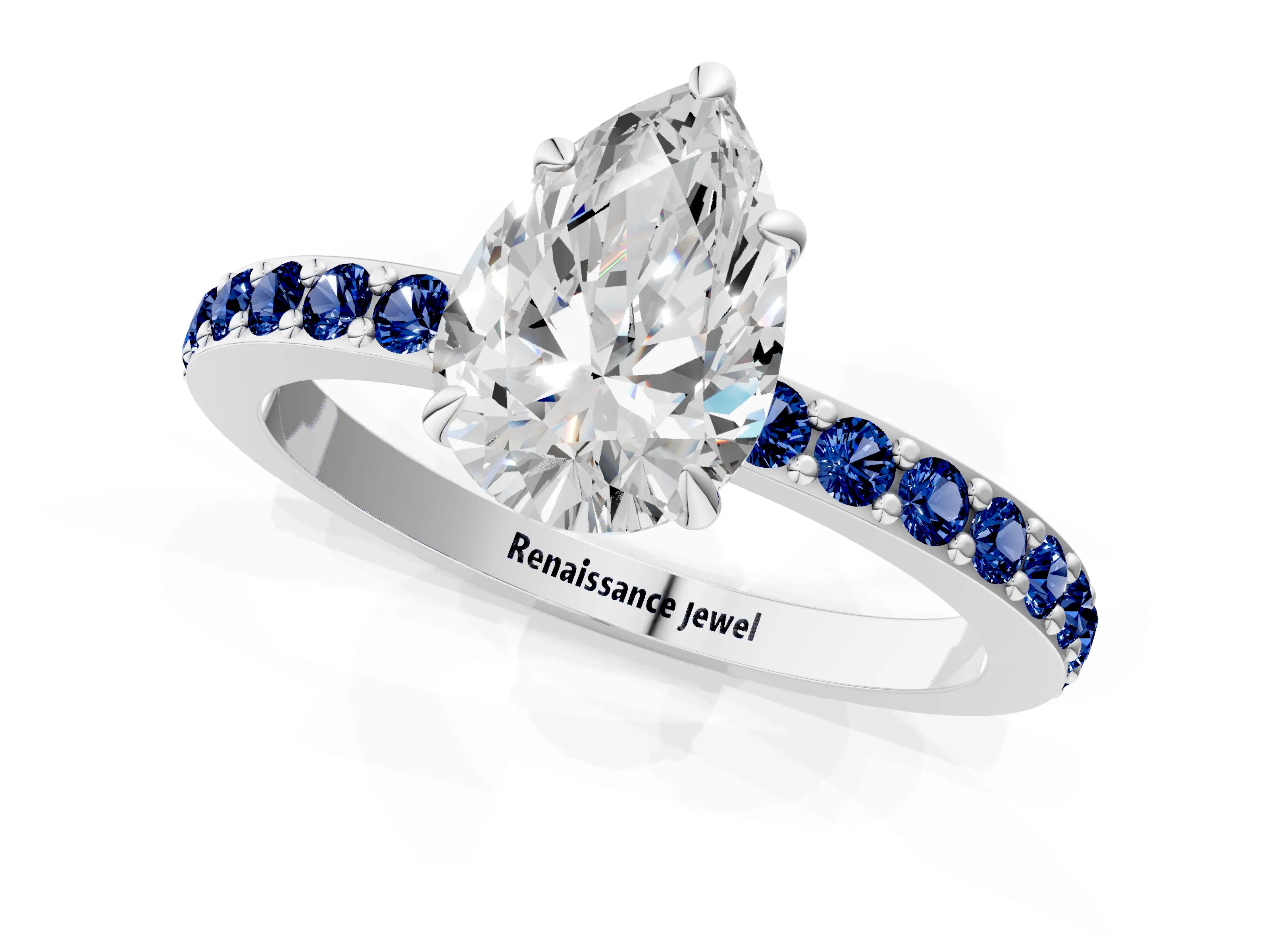 White gold Pear Cut Diamond Pavé Engagement Ring with Round with Blue Sapphire side stone Accents and Prong Setting_13
