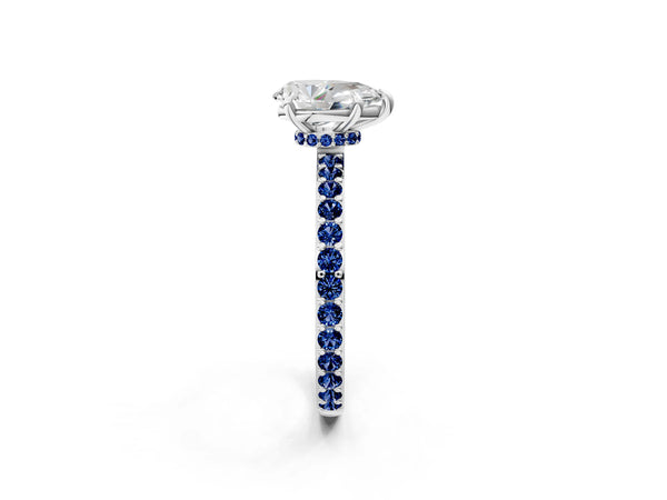 Platinum Pear-Shaped Hidden Halo Engagement Ring Setting with Lab-Grown Blue Sapphire Pave Band