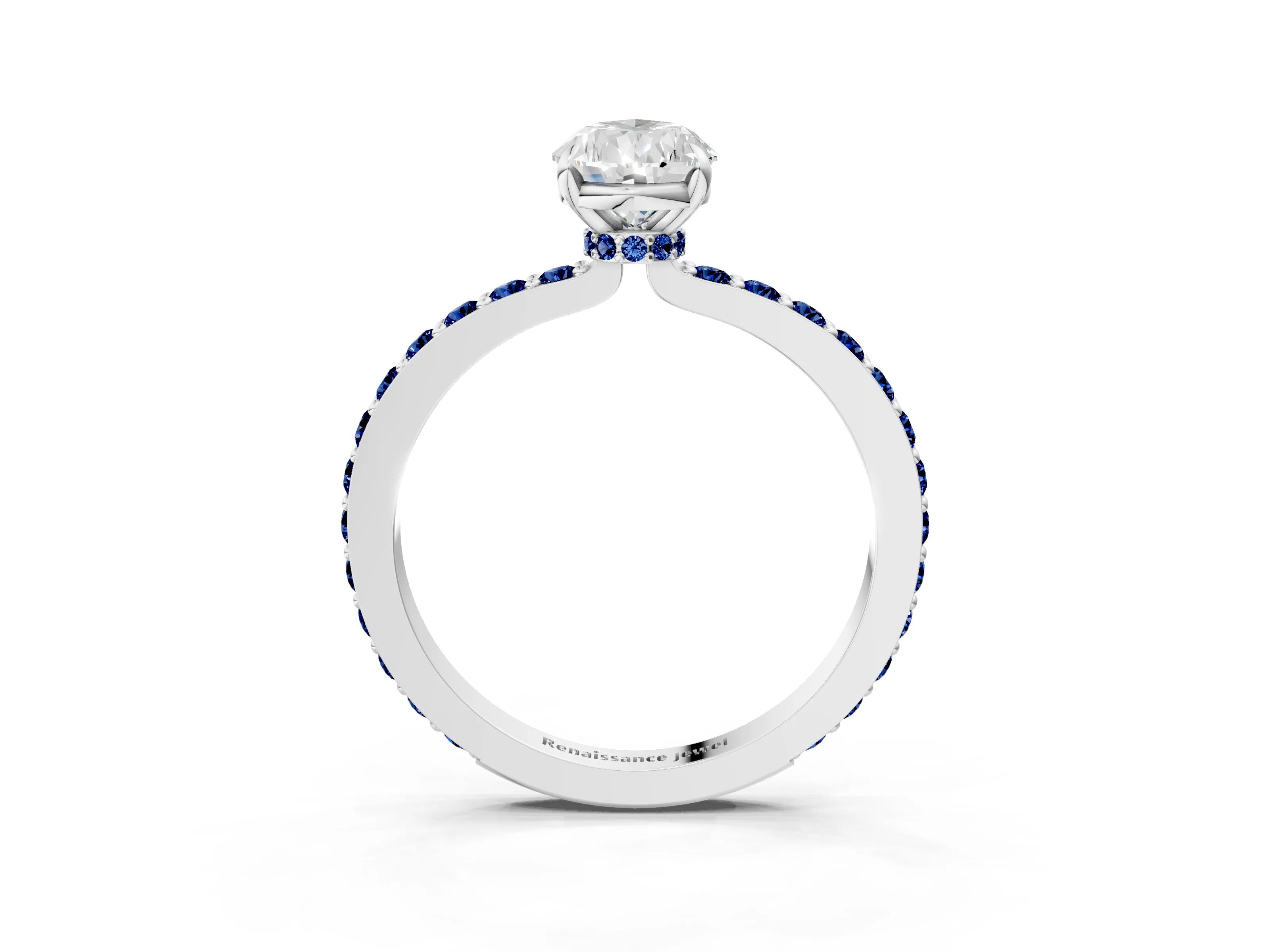 White gold Pear Cut Diamond Pavé Engagement Ring with Round with Blue Sapphire side stone Accents and Prong Setting_15