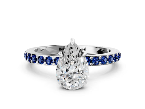 White gold Pear Cut Diamond Pavé Engagement Ring with Round with Blue Sapphire side stone Accents and Prong Setting_24