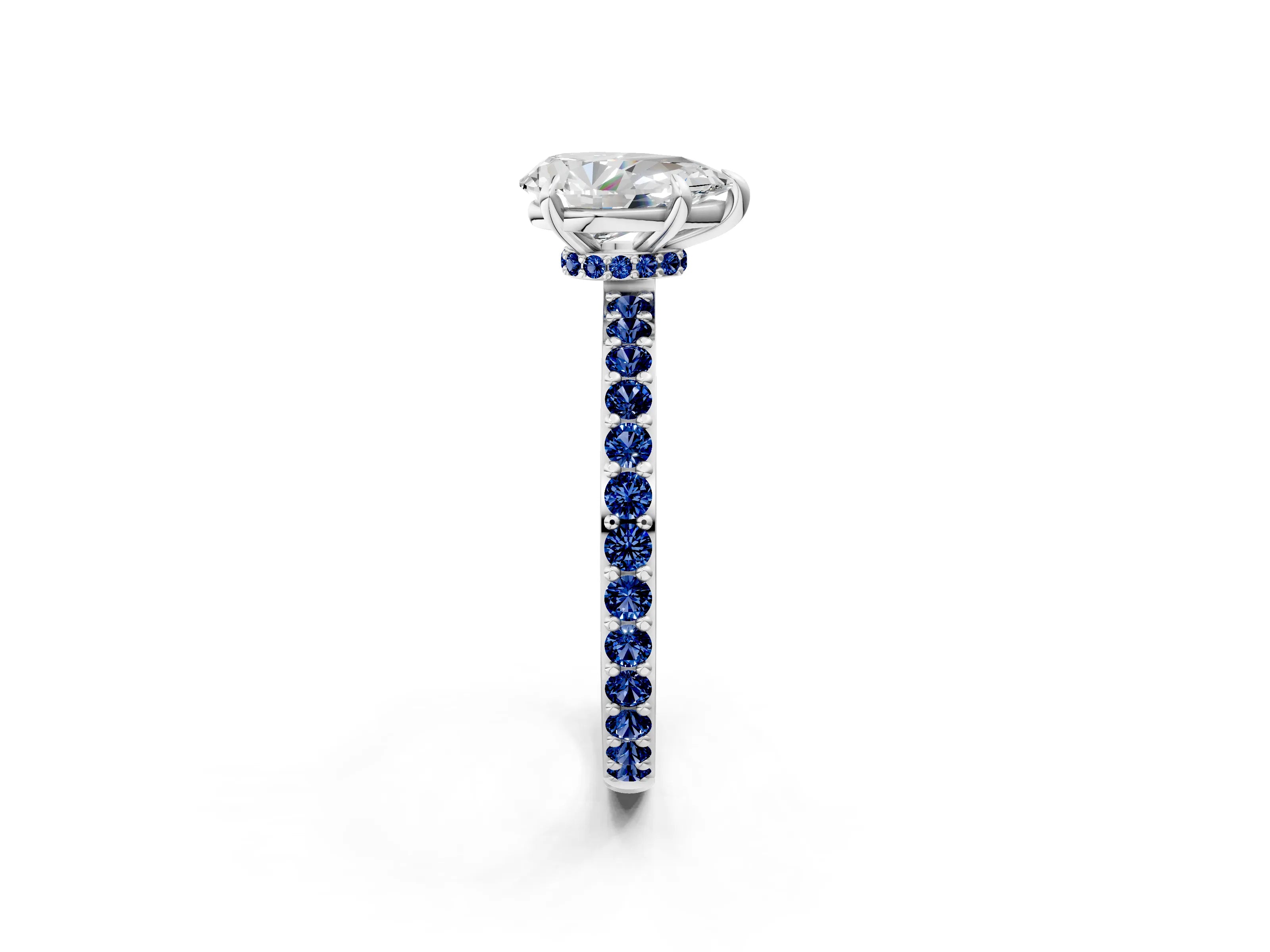 White gold Pear Cut Diamond Pavé Engagement Ring with Round with Blue Sapphire side stone Accents and Prong Setting_26
