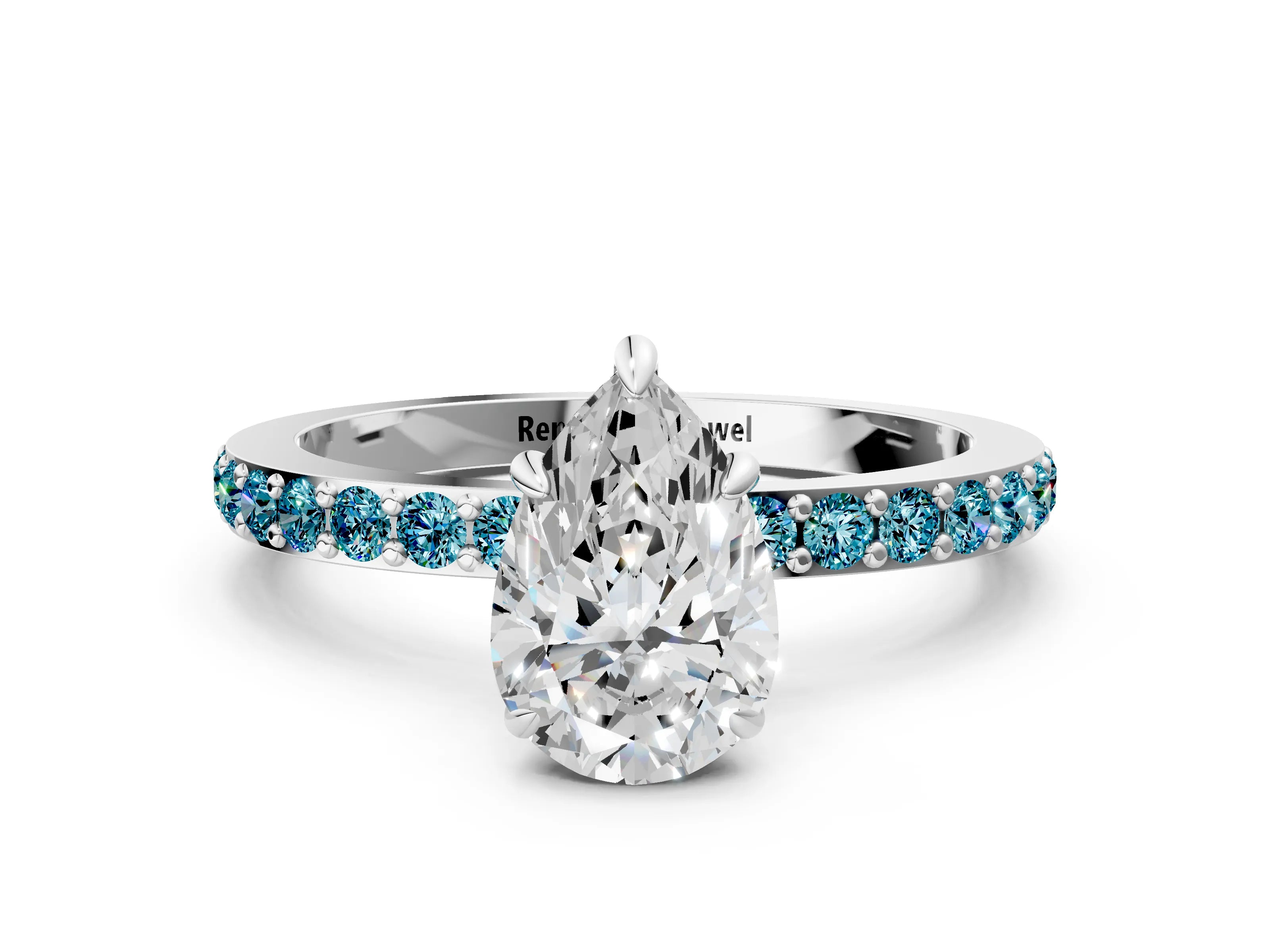 White gold Pear Cut Diamond Pavé Engagement Ring with Round with Blue Topaz side stone Accents and Prong Setting_12