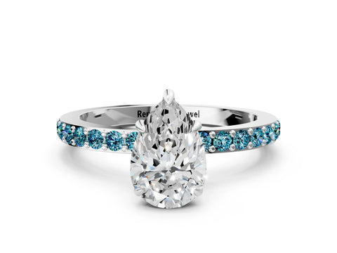 White gold Pear Cut Diamond Pavé Engagement Ring with Round with Blue Topaz side stone Accents and Prong Setting_12