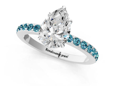 White gold Pear Cut Diamond Pavé Engagement Ring with Round with Blue Topaz side stone Accents and Prong Setting_13
