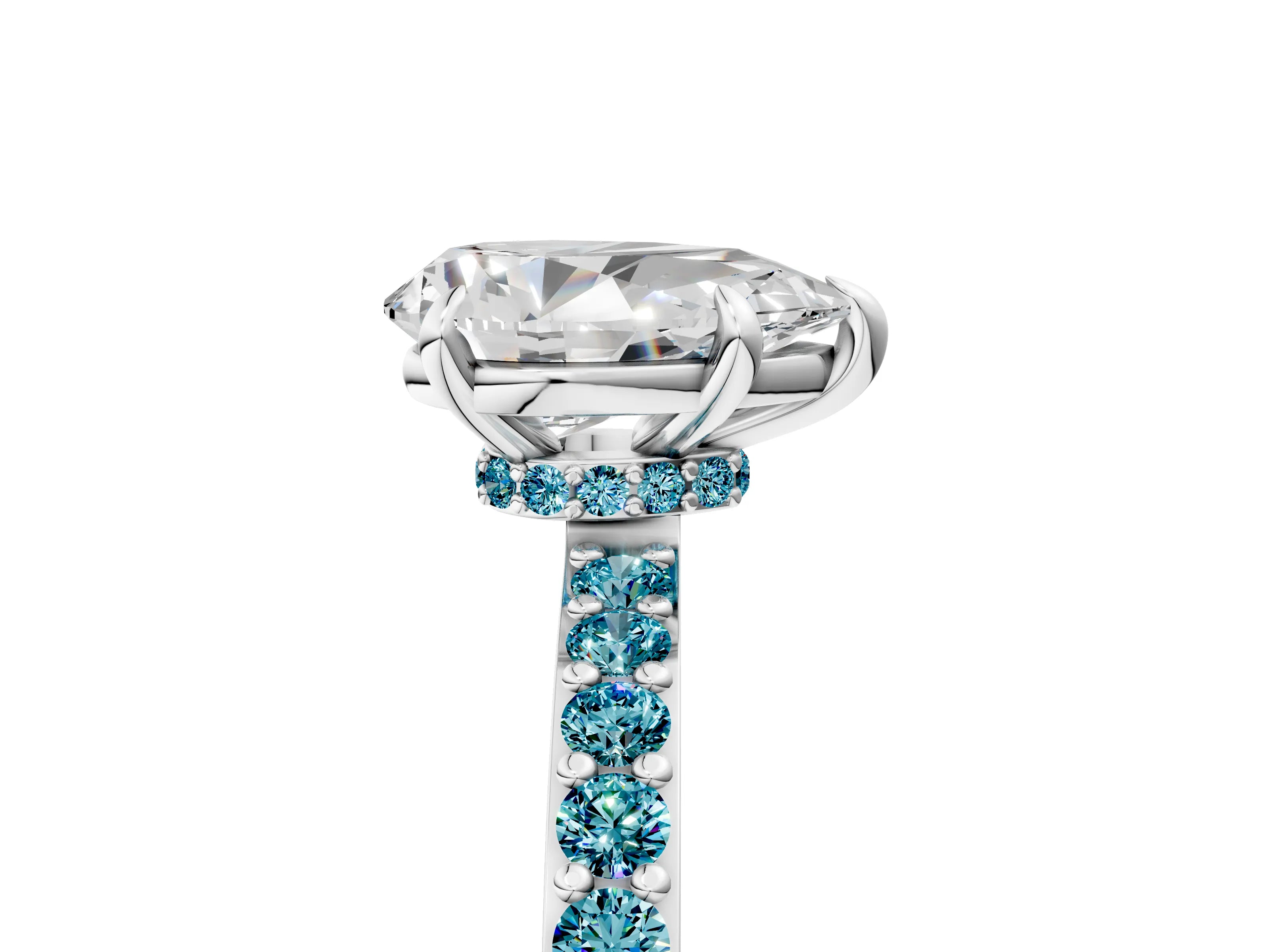 White gold Pear Cut Diamond Pavé Engagement Ring with Round with Blue Topaz side stone Accents and Prong Setting_17