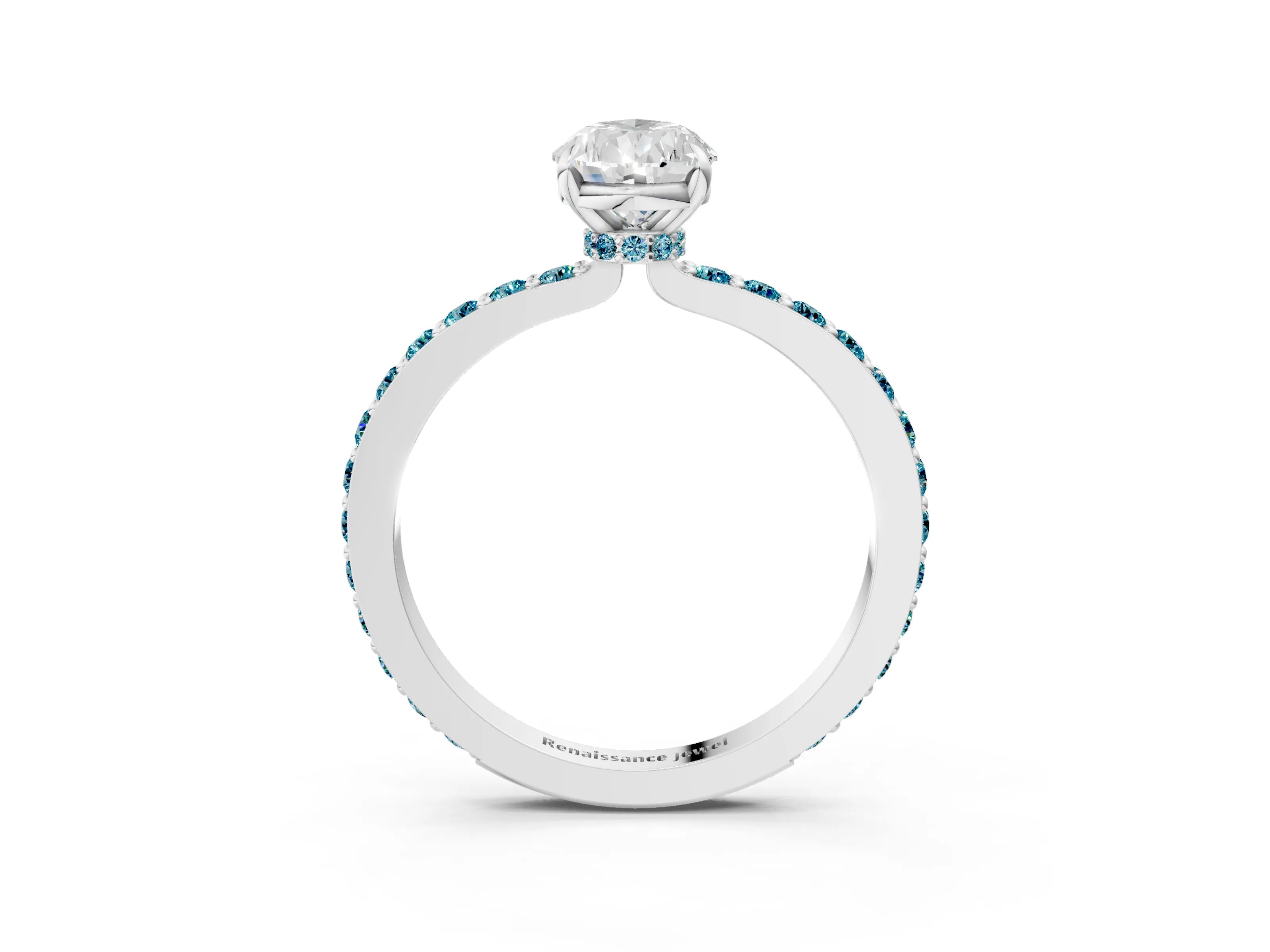 White gold Pear Cut Diamond Pavé Engagement Ring with Round with Blue Topaz side stone Accents and Prong Setting_27