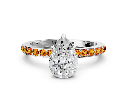 White gold Pear Cut Diamond Pavé Engagement Ring with Round with Citrine side stone Accents and Prong Setting_12
