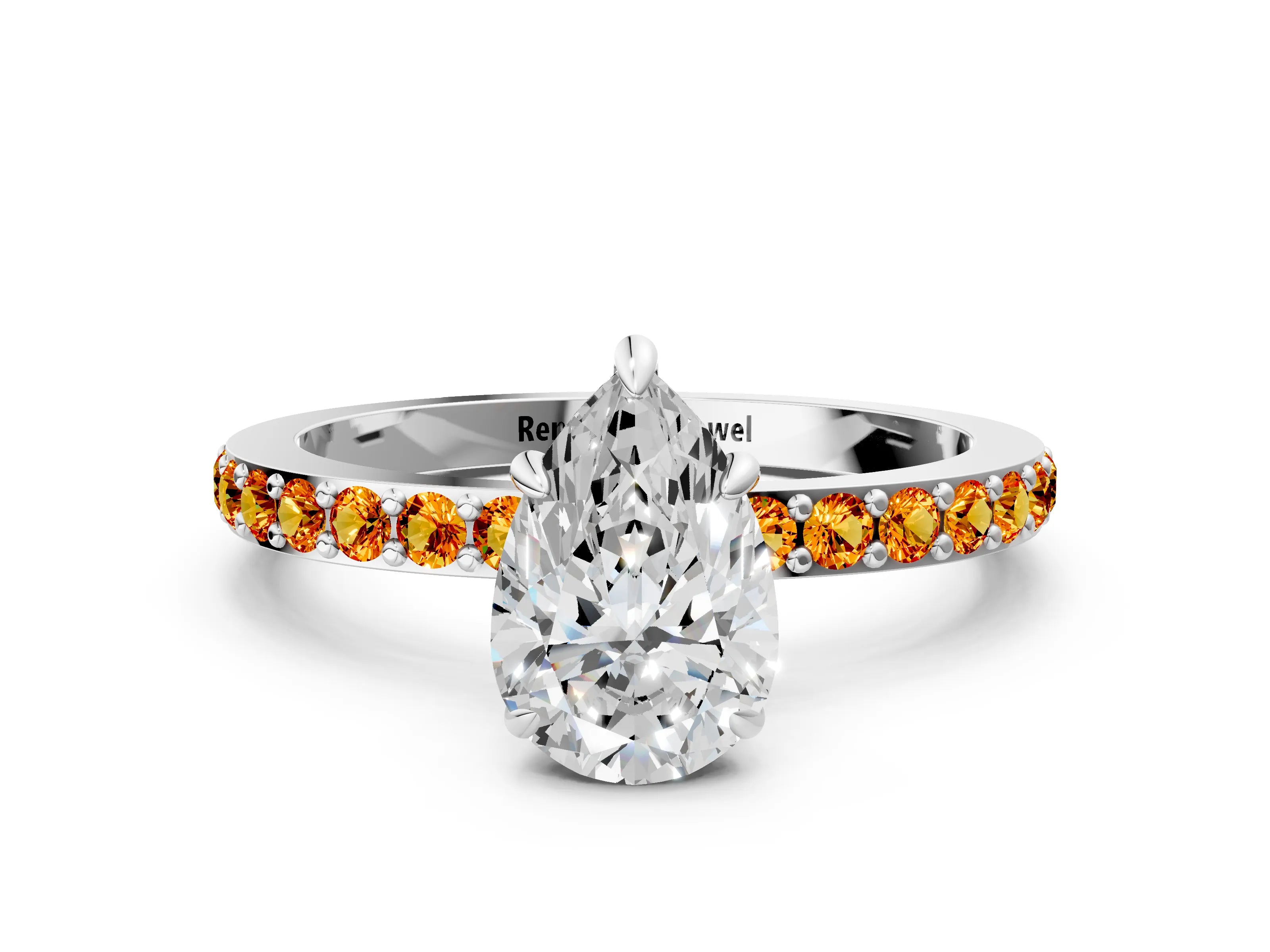 White gold Pear Cut Diamond Pavé Engagement Ring with Round with Citrine side stone Accents and Prong Setting_24