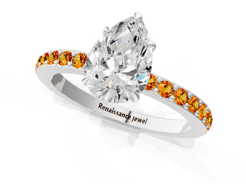 White gold Pear Cut Diamond Pavé Engagement Ring with Round with Citrine side stone Accents and Prong Setting_25