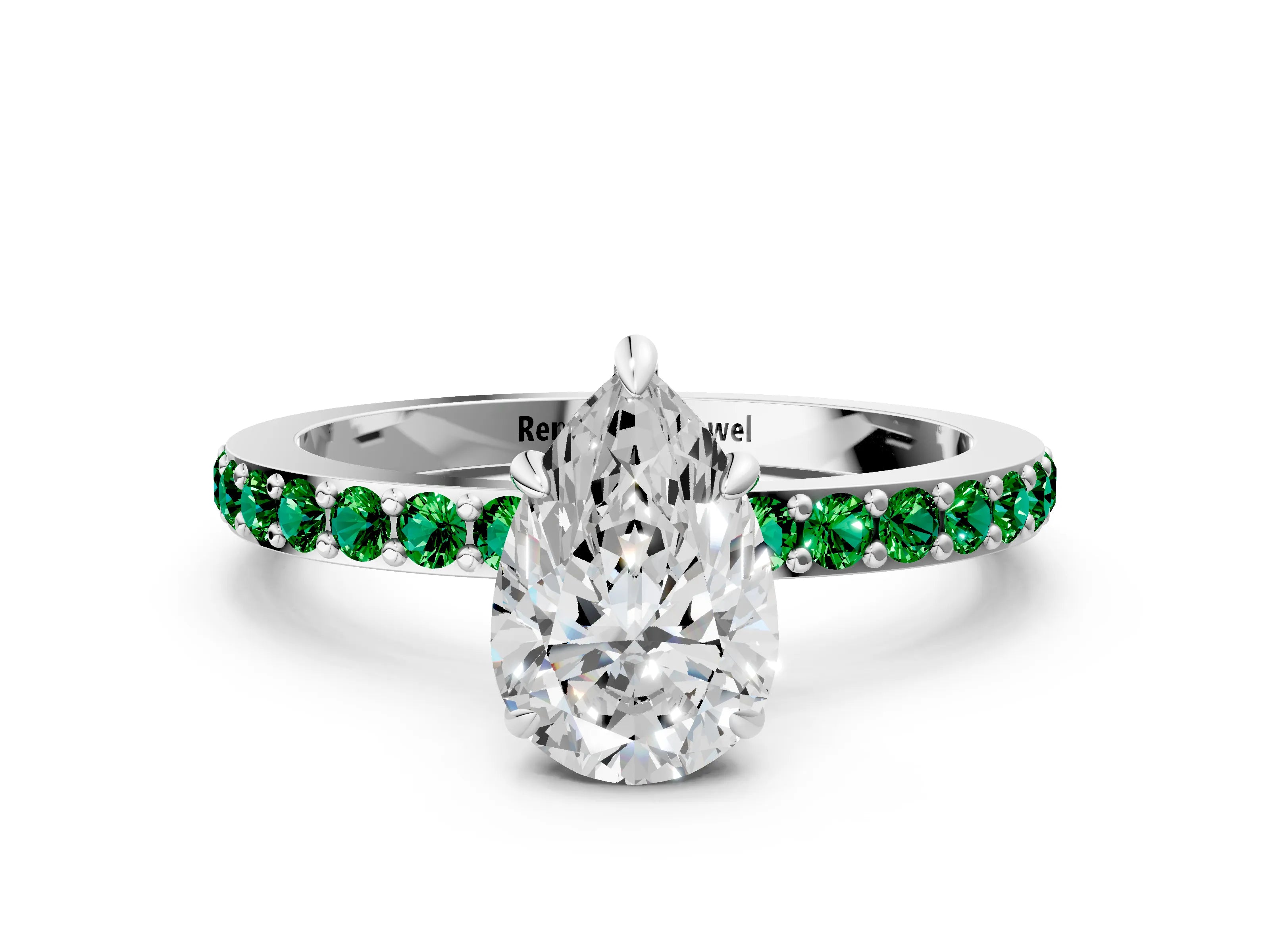 White gold Pear Cut Diamond Pavé Engagement Ring with Round with Emerald side stone Accents and Prong Setting_12