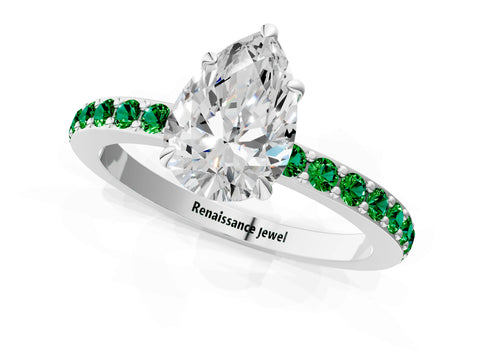 White gold Pear Cut Diamond Pavé Engagement Ring with Round with Emerald side stone Accents and Prong Setting_13