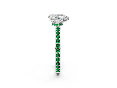 White gold Pear Cut Diamond Pavé Engagement Ring with Round with Emerald side stone Accents and Prong Setting_14