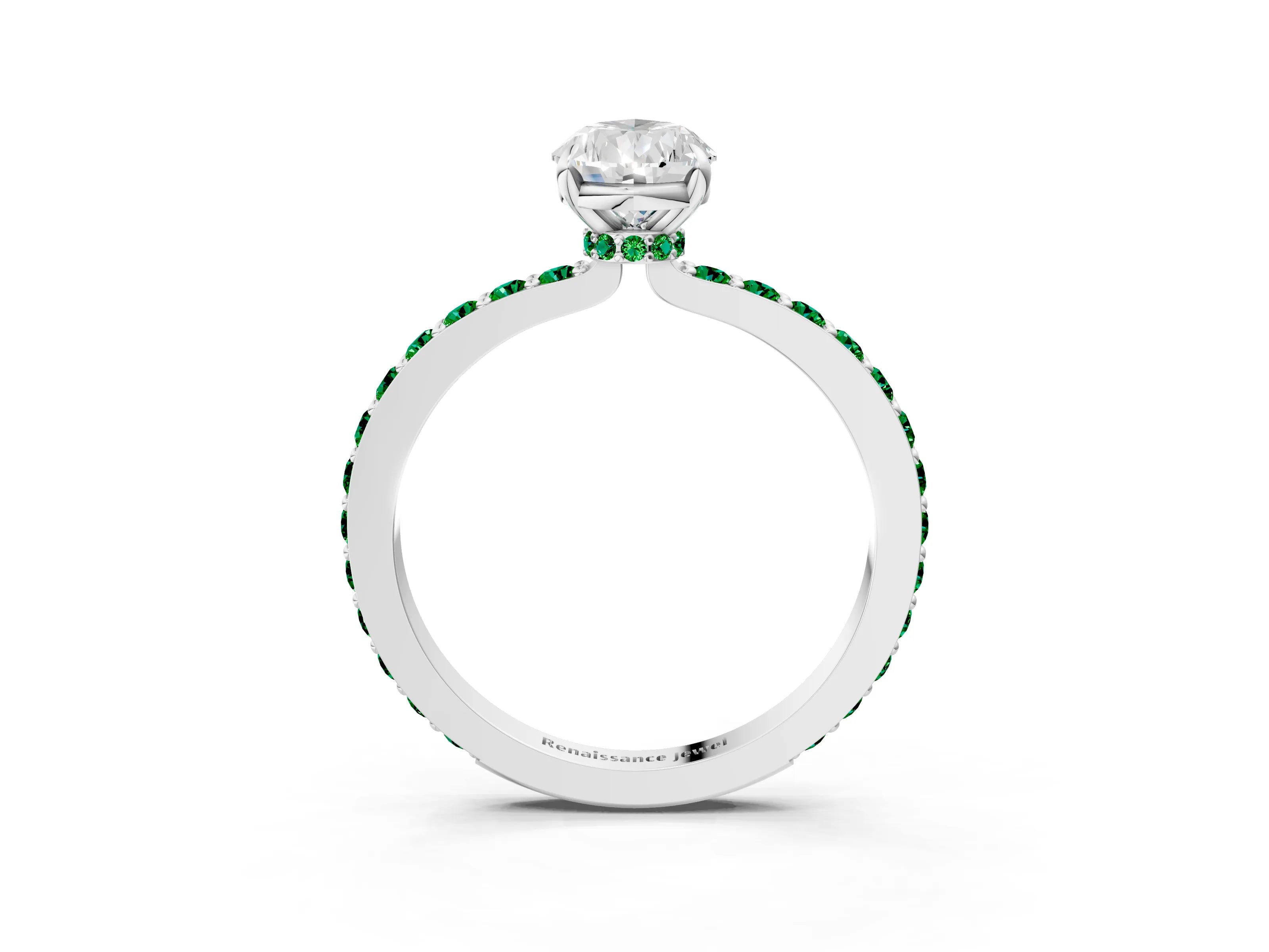 White gold Pear Cut Diamond Pavé Engagement Ring with Round with Emerald side stone Accents and Prong Setting_15