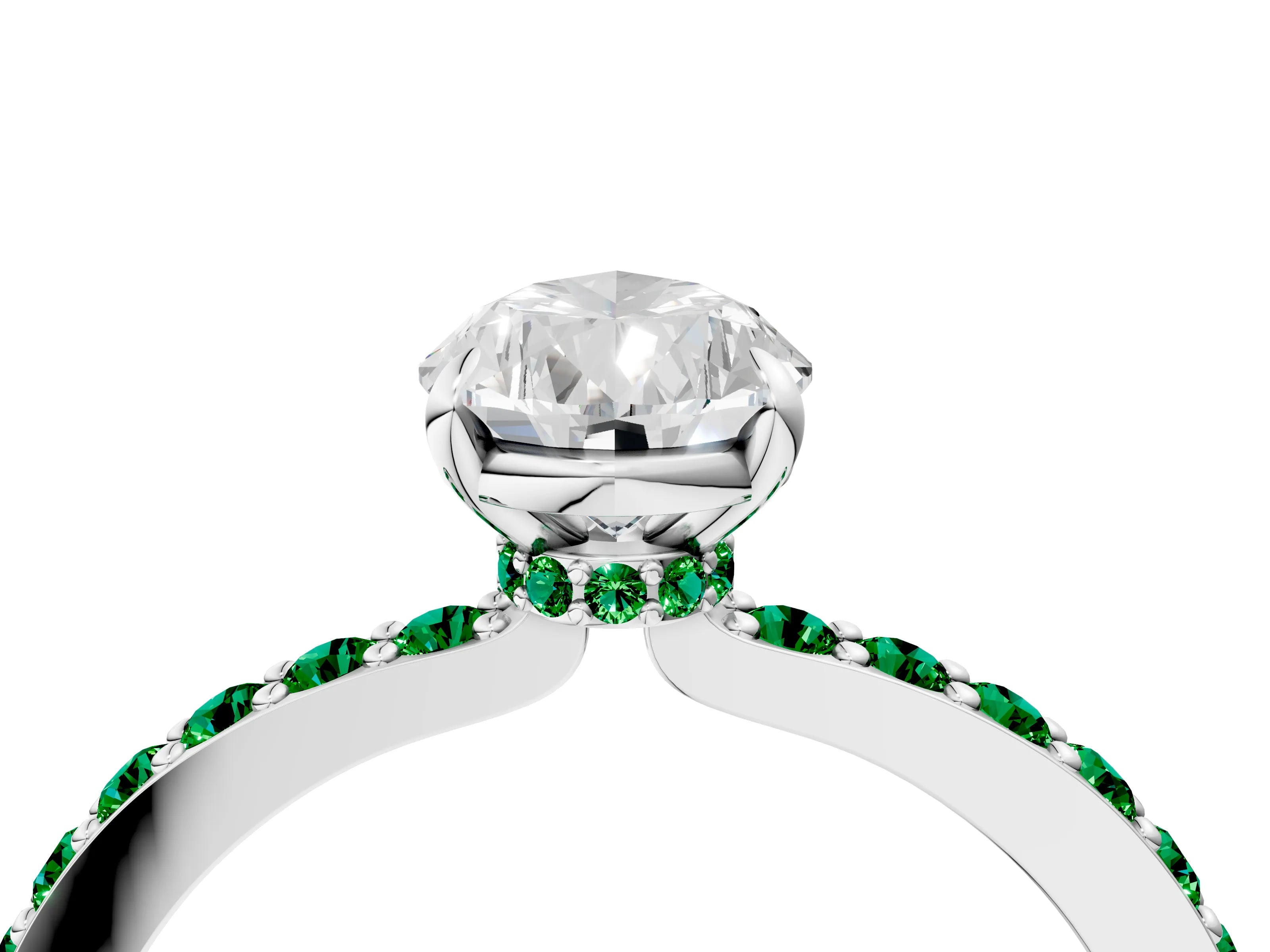 White gold Pear Cut Diamond Pavé Engagement Ring with Round with Emerald side stone Accents and Prong Setting_16