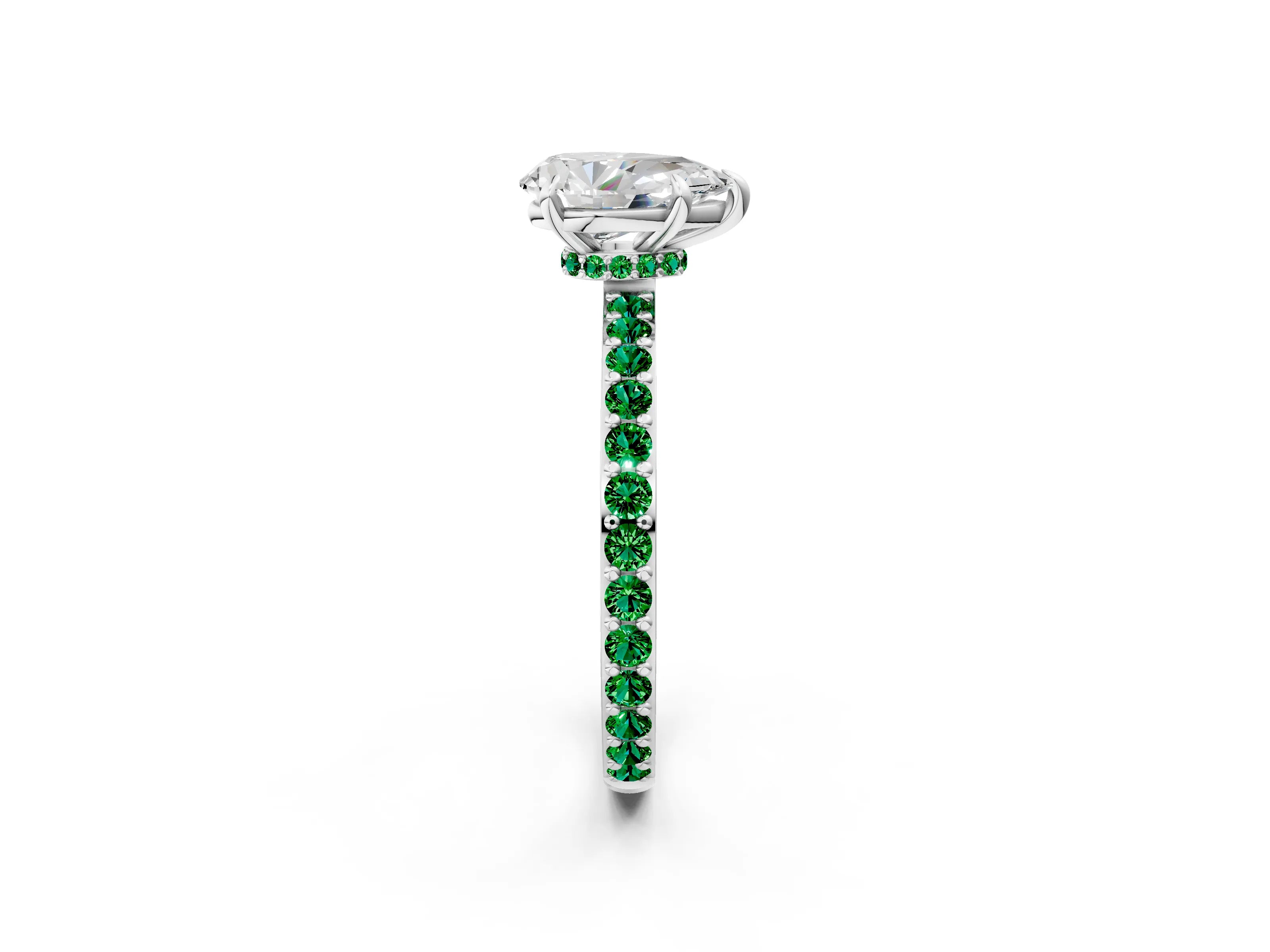 White gold Pear Cut Diamond Pavé Engagement Ring with Round with Emerald side stone Accents and Prong Setting_26