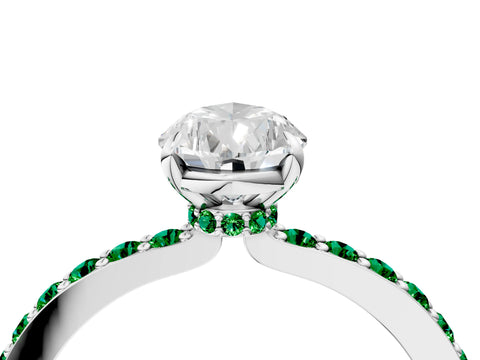 White gold Pear Cut Diamond Pavé Engagement Ring with Round with Emerald side stone Accents and Prong Setting_28