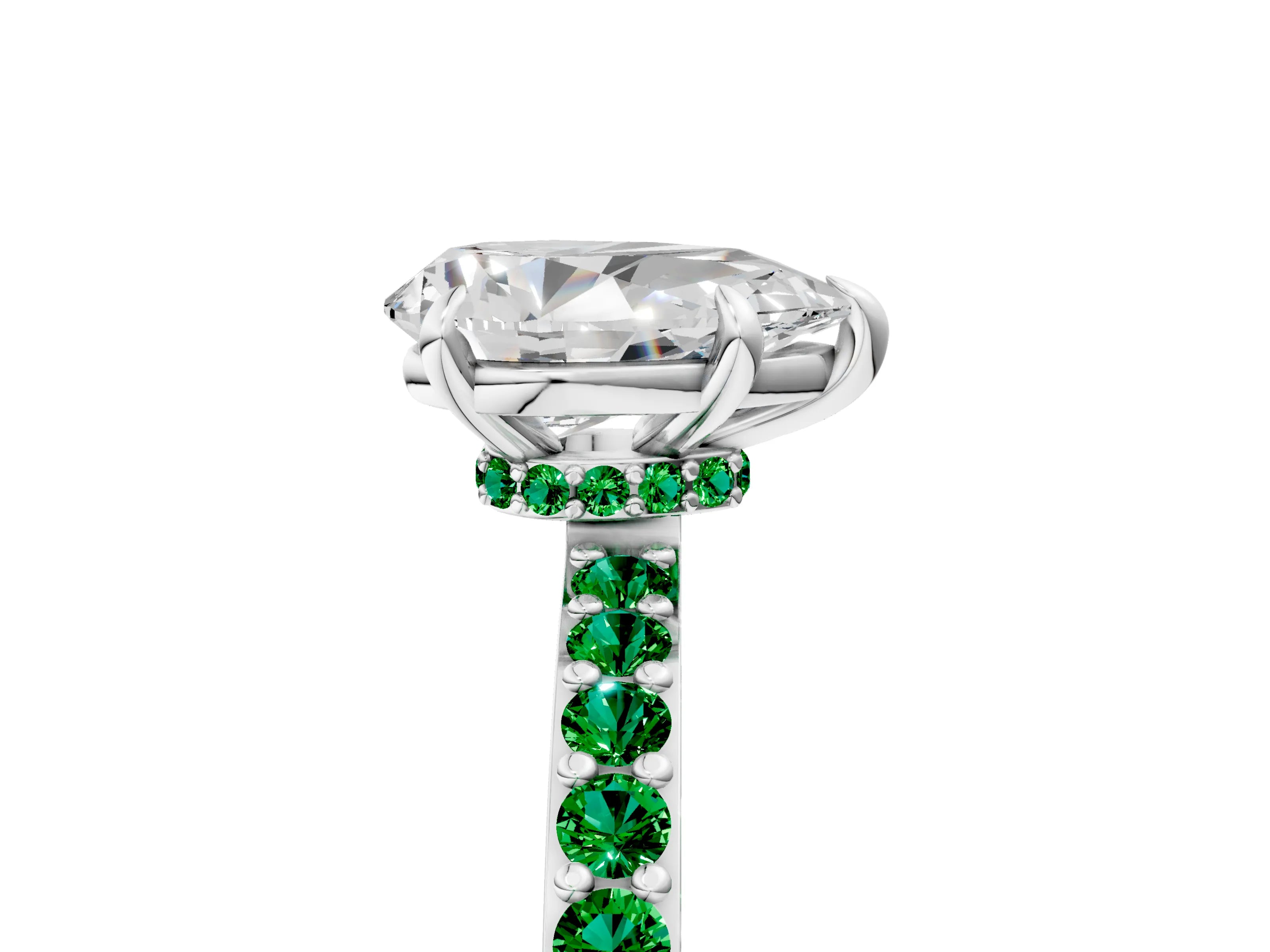 White gold Pear Cut Diamond Pavé Engagement Ring with Round with Emerald side stone Accents and Prong Setting_29