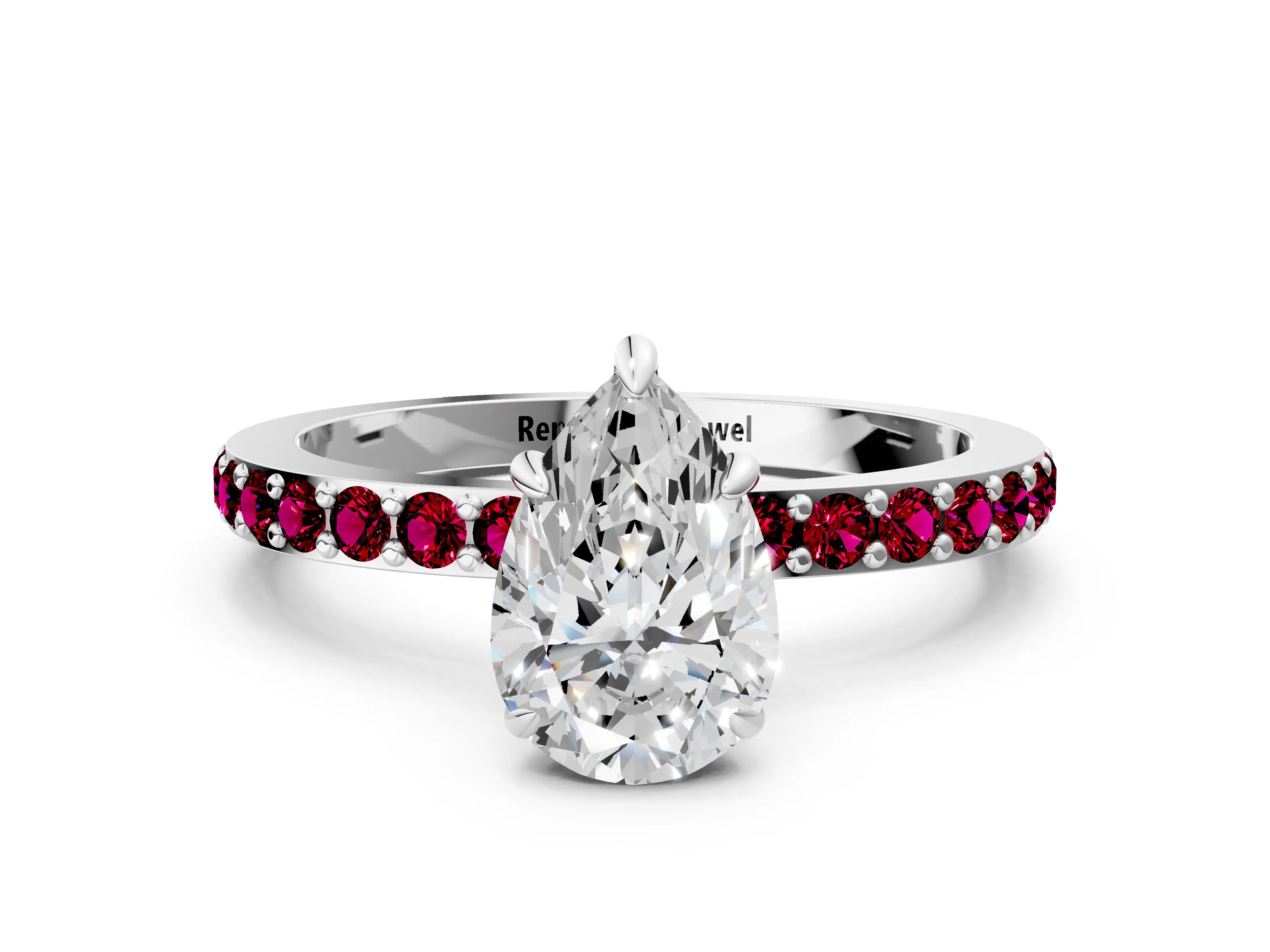 White gold Pear Cut Diamond Pavé Engagement Ring with Round with Garnet side stone Accents and Prong Setting_12