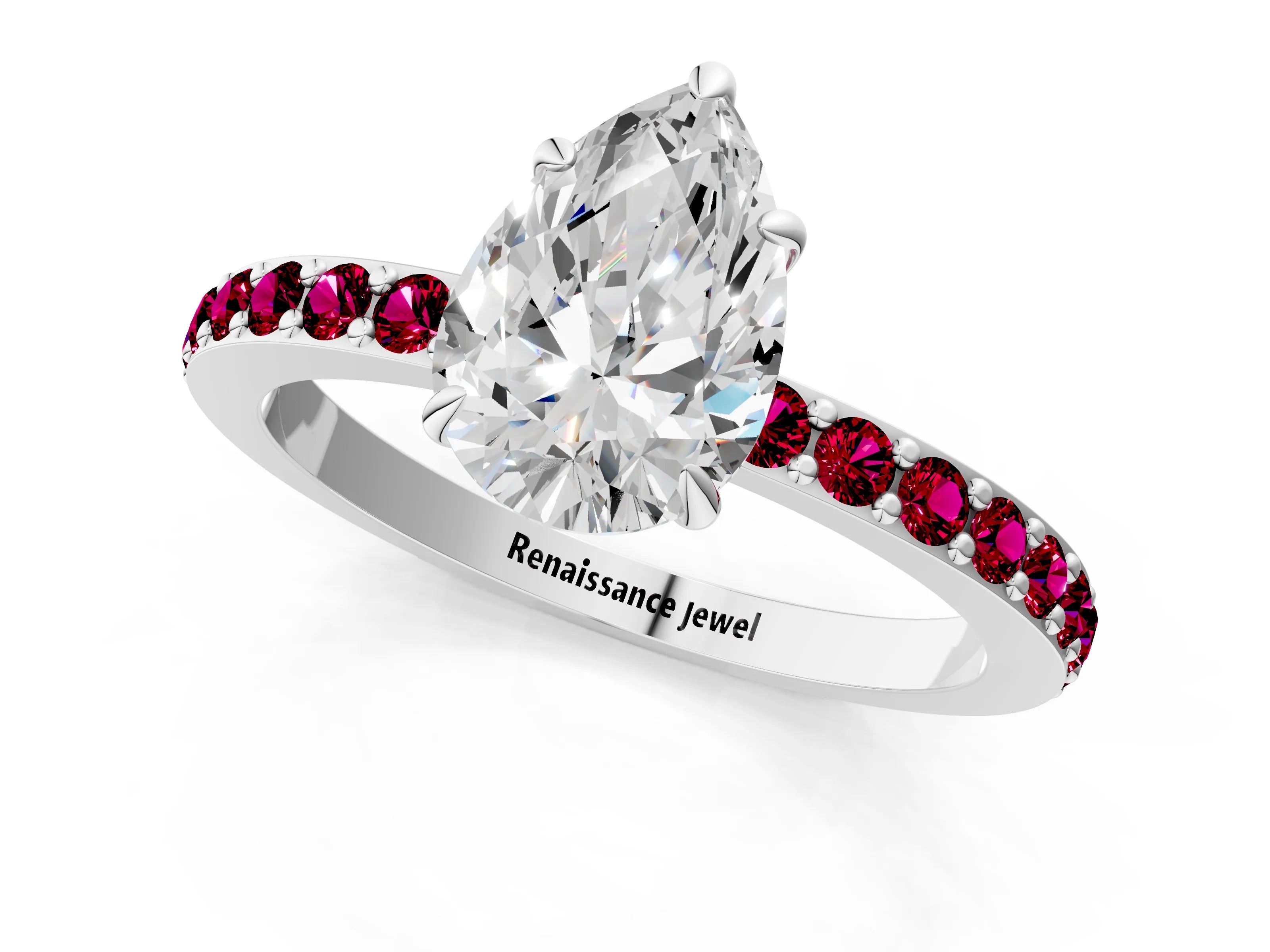 White gold Pear Cut Diamond Pavé Engagement Ring with Round with Garnet side stone Accents and Prong Setting_13