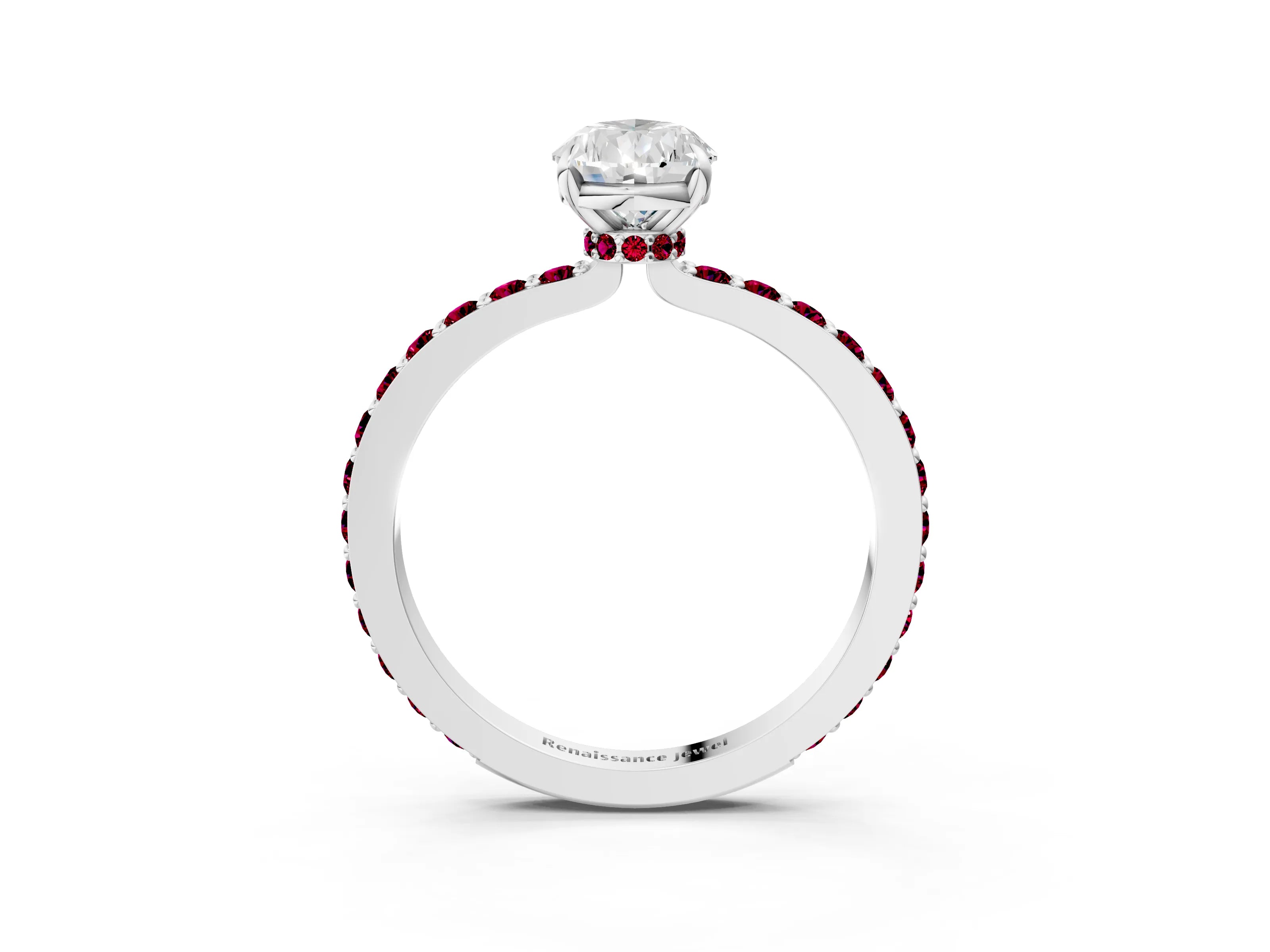 White gold Pear Cut Diamond Pavé Engagement Ring with Round with Garnet side stone Accents and Prong Setting_15