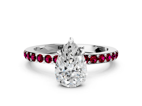 White gold Pear Cut Diamond Pavé Engagement Ring with Round with Garnet side stone Accents and Prong Setting_24