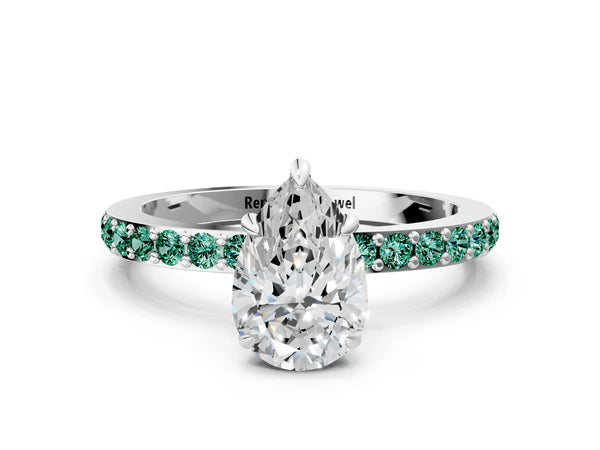 Silver Pear Cut Diamond Pavé Engagement Ring with Round with Green Sapphire side stone Accents and Prong Setting