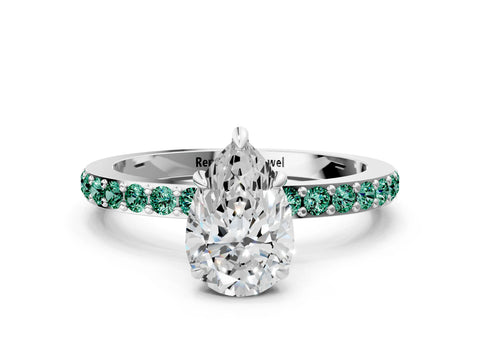 White gold Pear Cut Diamond Pavé Engagement Ring with Round with Green Sapphire side stone Accents and Prong Setting_12