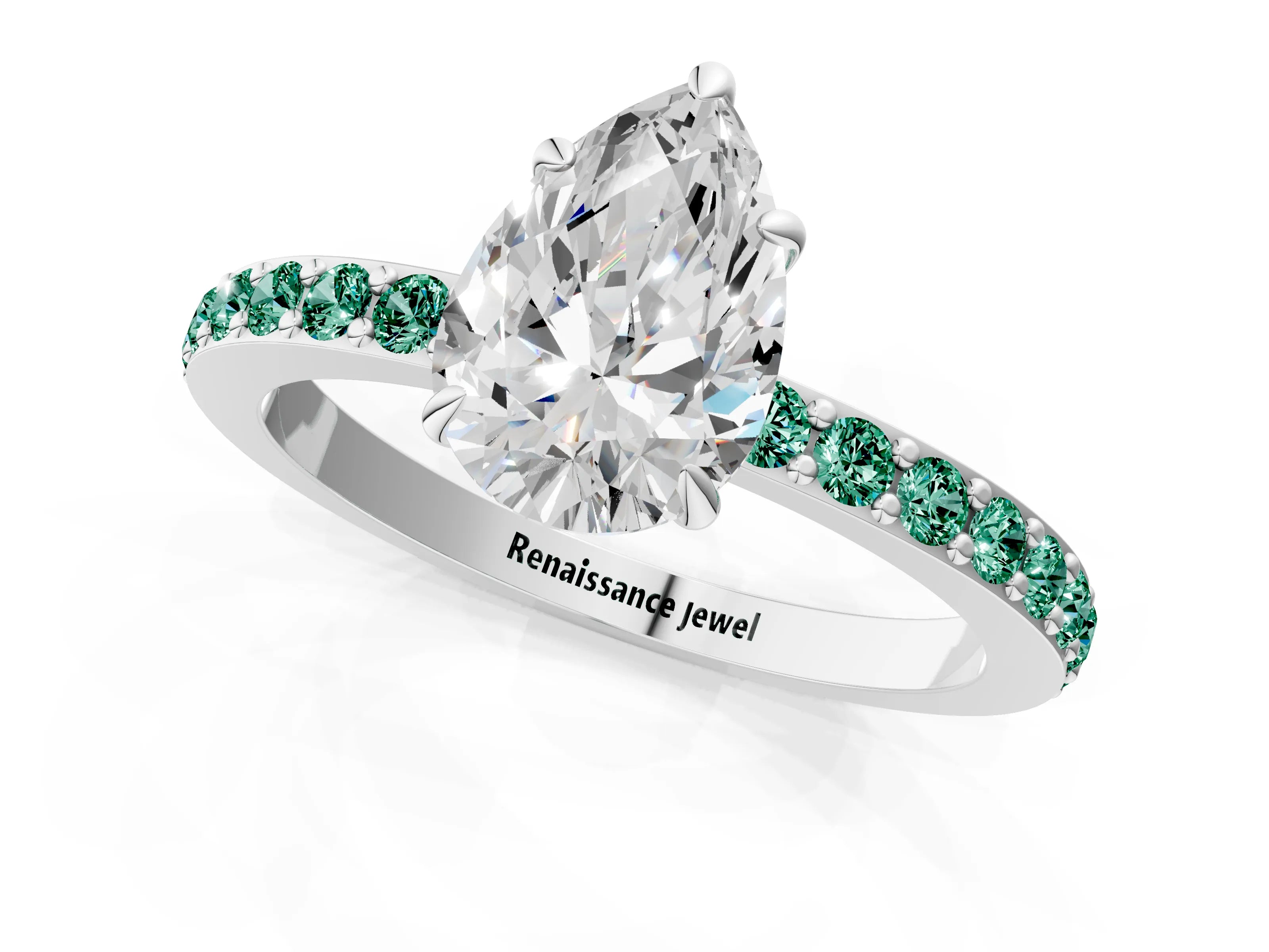 White gold Pear Cut Diamond Pavé Engagement Ring with Round with Green Sapphire side stone Accents and Prong Setting_13