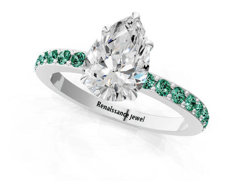 White gold Pear Cut Diamond Pavé Engagement Ring with Round with Green Sapphire side stone Accents and Prong Setting_13