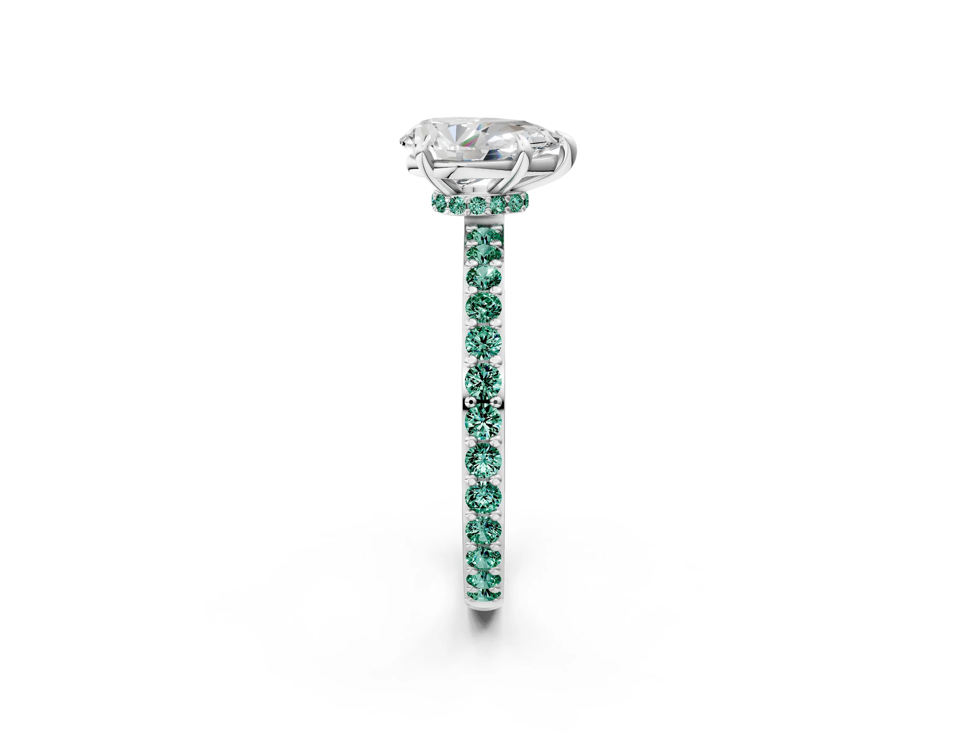 White gold Pear Cut Diamond Pavé Engagement Ring with Round with Green Sapphire side stone Accents and Prong Setting_14