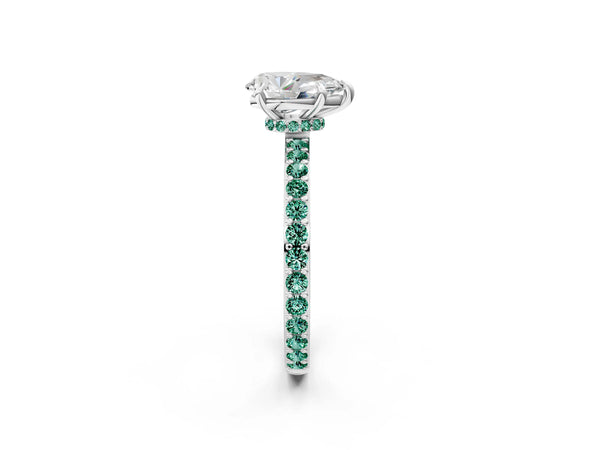 Platinum Pear Cut Diamond Pavé Engagement Ring with Round with Green Sapphire side stone Accents and Prong Setting