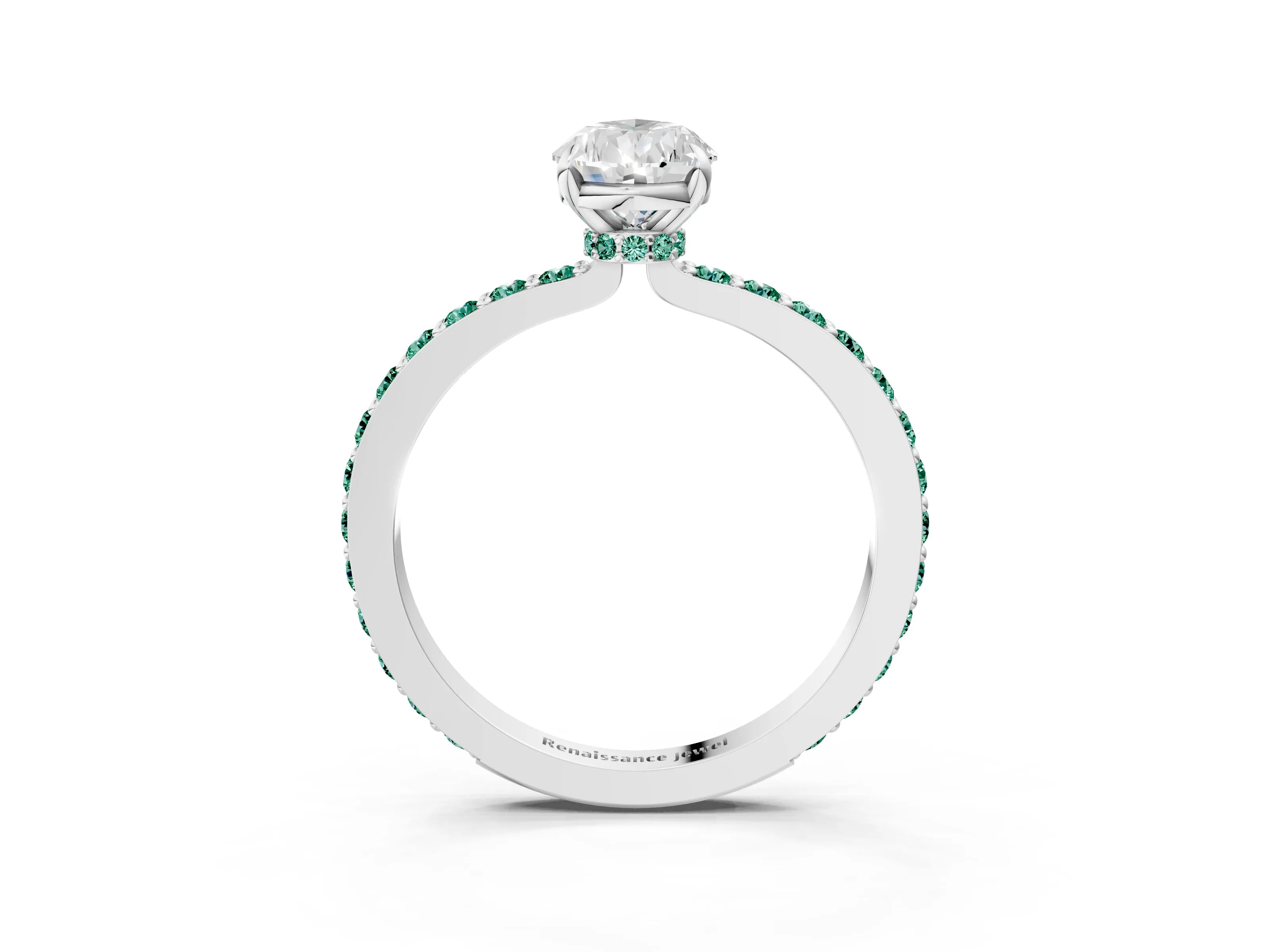 White gold Pear Cut Diamond Pavé Engagement Ring with Round with Green Sapphire side stone Accents and Prong Setting_15