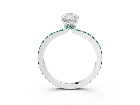 White gold Pear Cut Diamond Pavé Engagement Ring with Round with Green Sapphire side stone Accents and Prong Setting_15