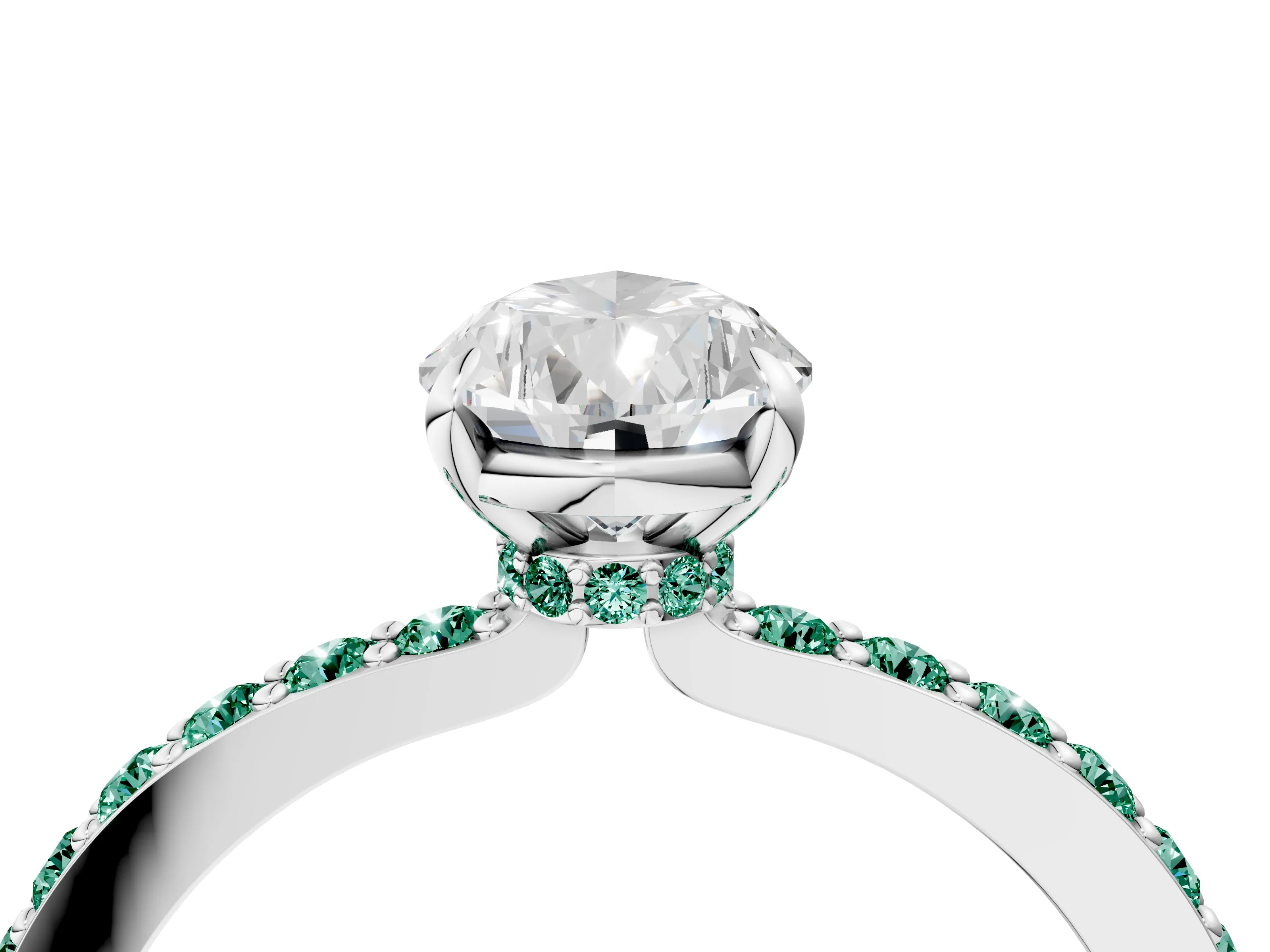 White gold Pear Cut Diamond Pavé Engagement Ring with Round with Green Sapphire side stone Accents and Prong Setting_16