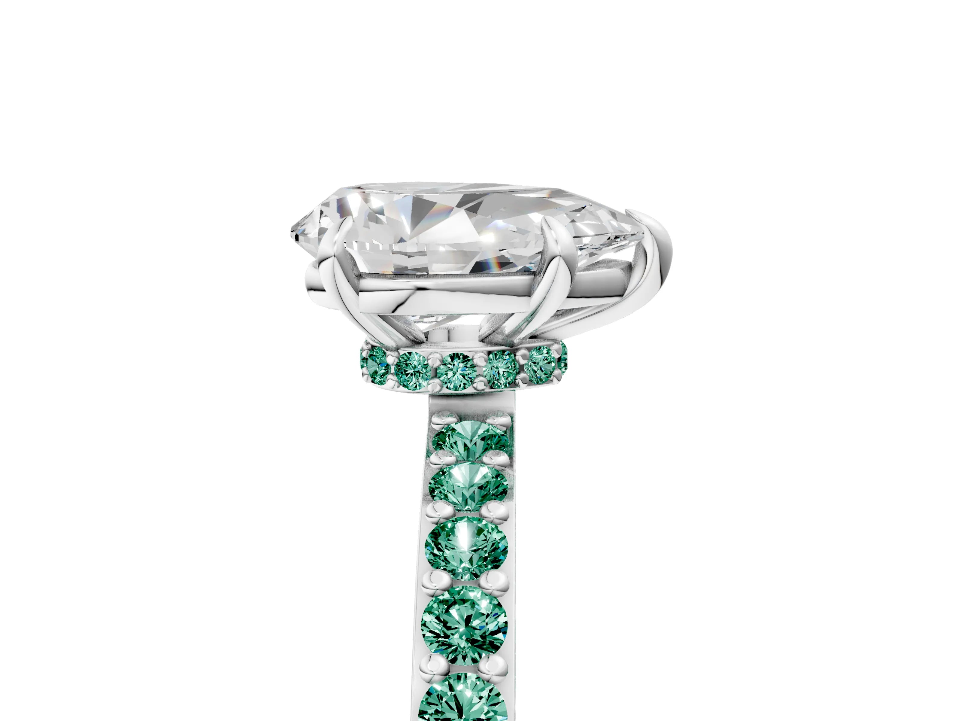 White gold Pear Cut Diamond Pavé Engagement Ring with Round with Green Sapphire side stone Accents and Prong Setting_17