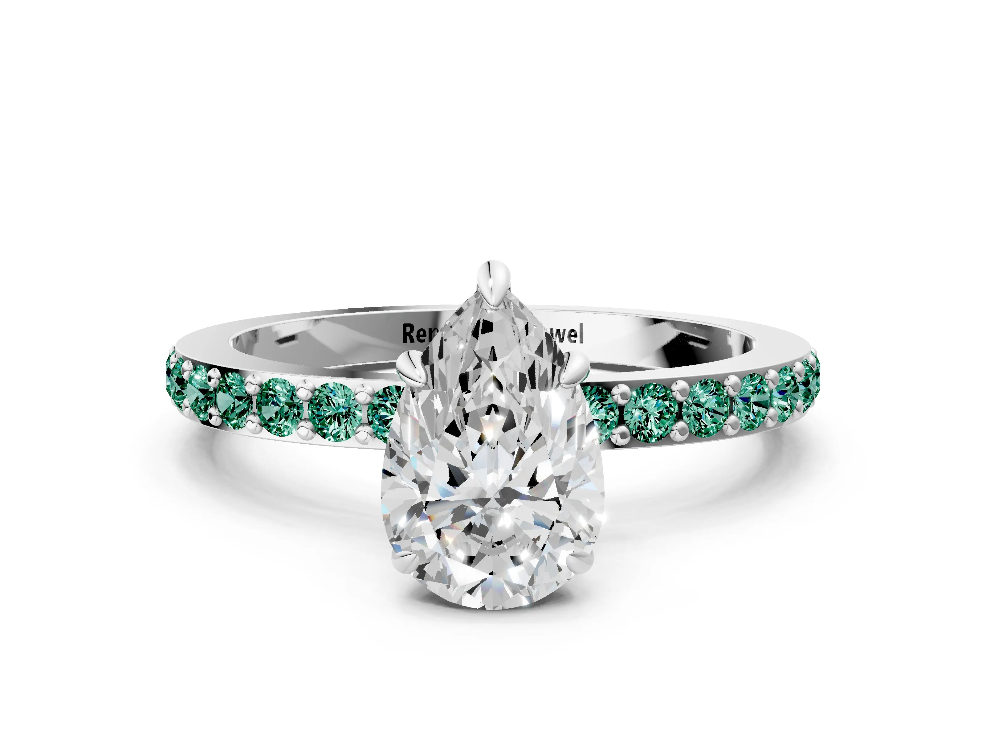 White gold Pear Cut Diamond Pavé Engagement Ring with Round with Green Sapphire side stone Accents and Prong Setting_24