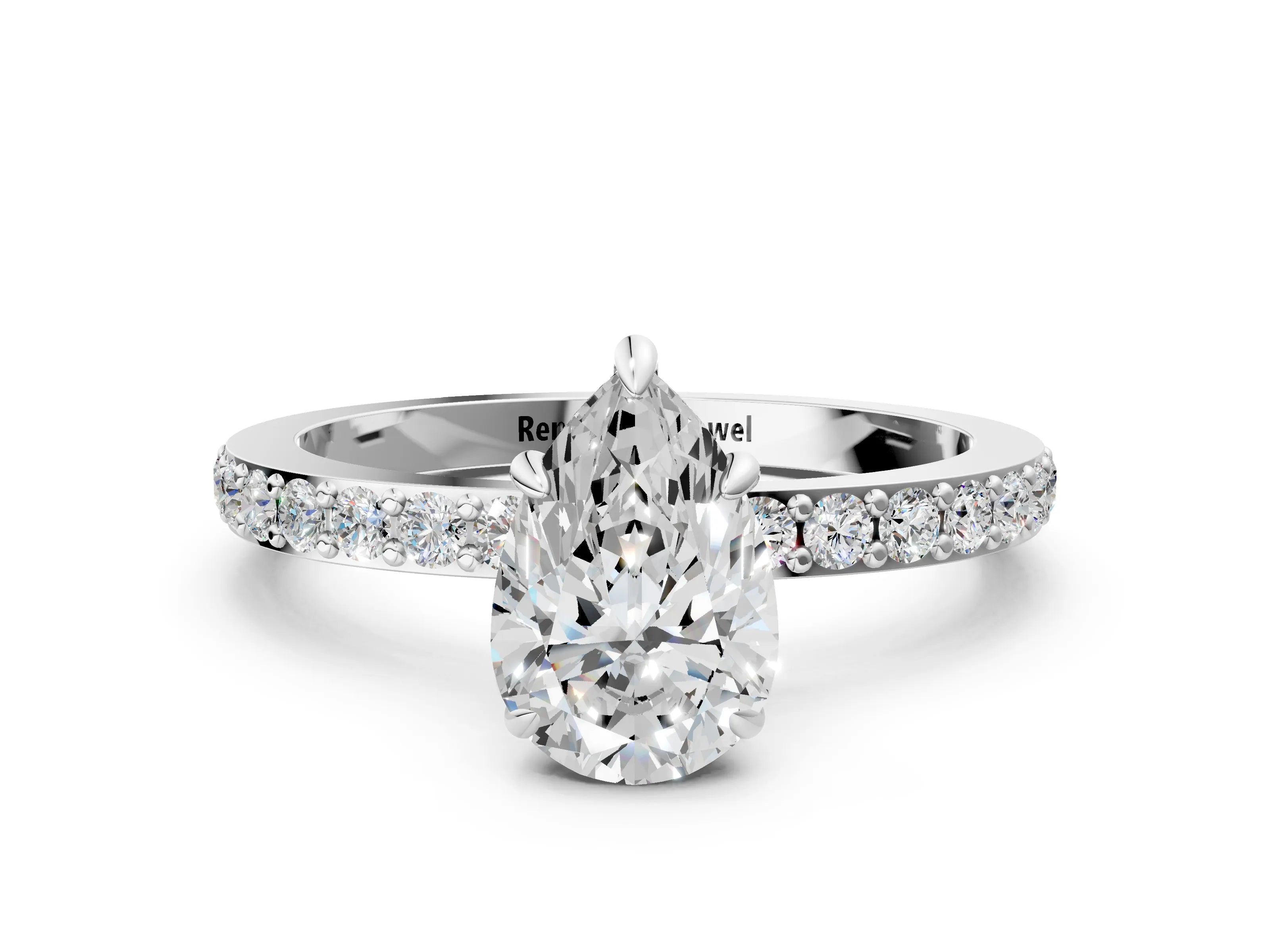 White gold Pear Cut Diamond Pavé Engagement Ring with Round with Moissanite side stone Accents and Prong Setting_11