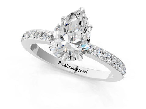 White gold Pear Cut Diamond Pavé Engagement Ring with Round with Moissanite side stone Accents and Prong Setting_13
