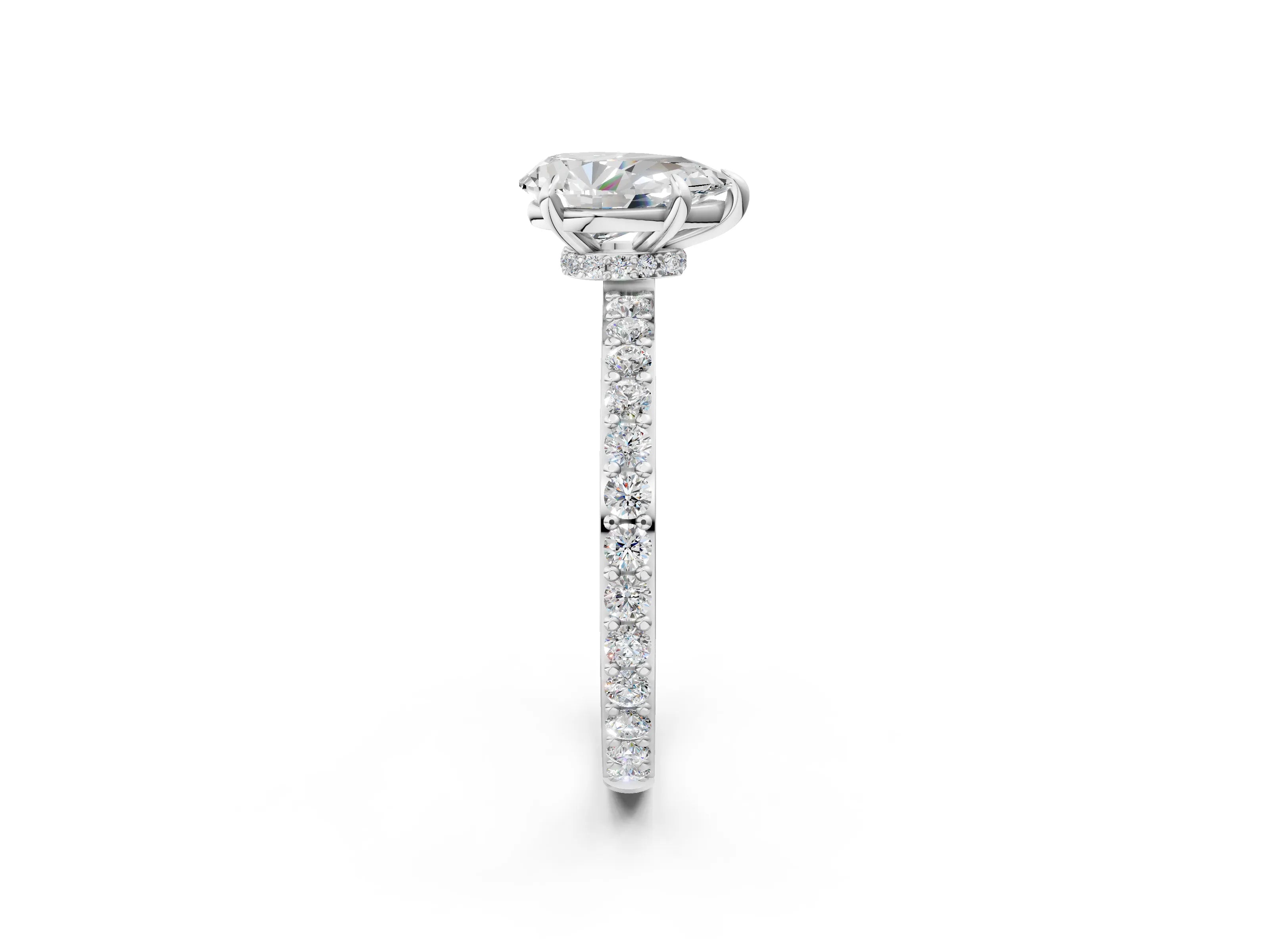White gold Pear Cut Diamond Pavé Engagement Ring with Round with Moissanite side stone Accents and Prong Setting_14