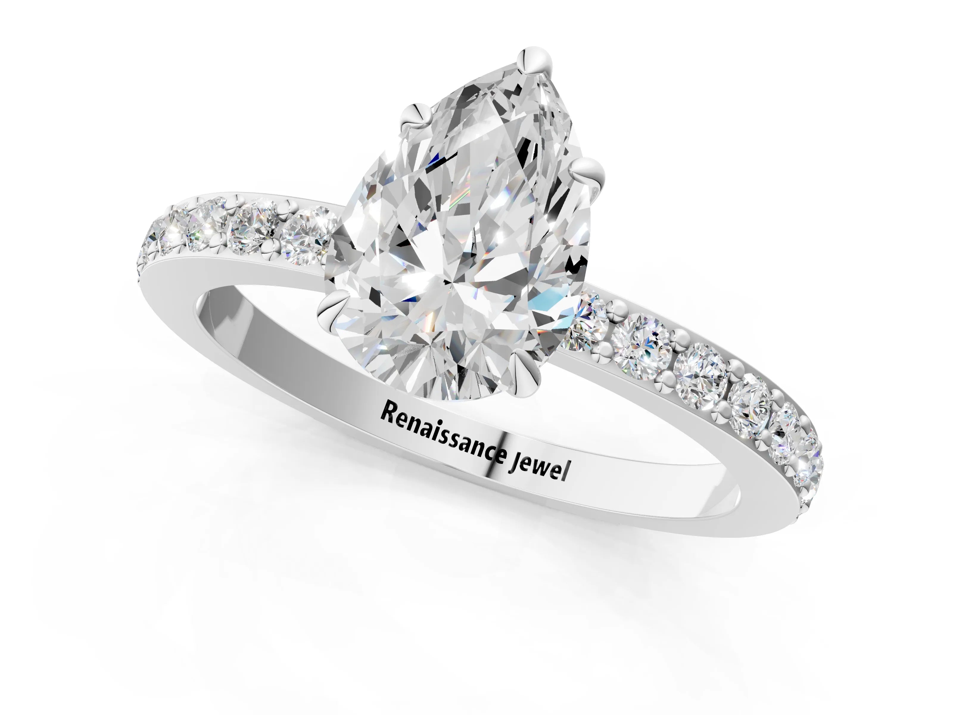 White gold Pear Cut Diamond Pavé Engagement Ring with Round with Moissanite side stone Accents and Prong Setting_19