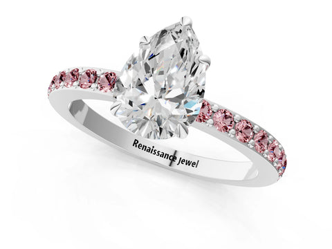 White gold Pear Cut Diamond Pavé Engagement Ring with Round with Morganite side stone Accents and Prong Setting_13