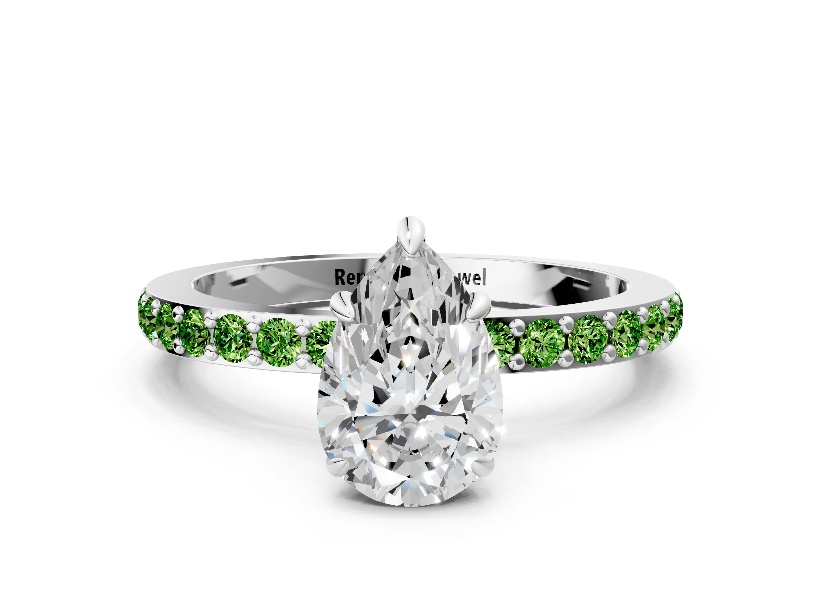 White gold Pear Cut Diamond Pavé Engagement Ring with Round with Peridot side stone Accents and Prong Setting_12