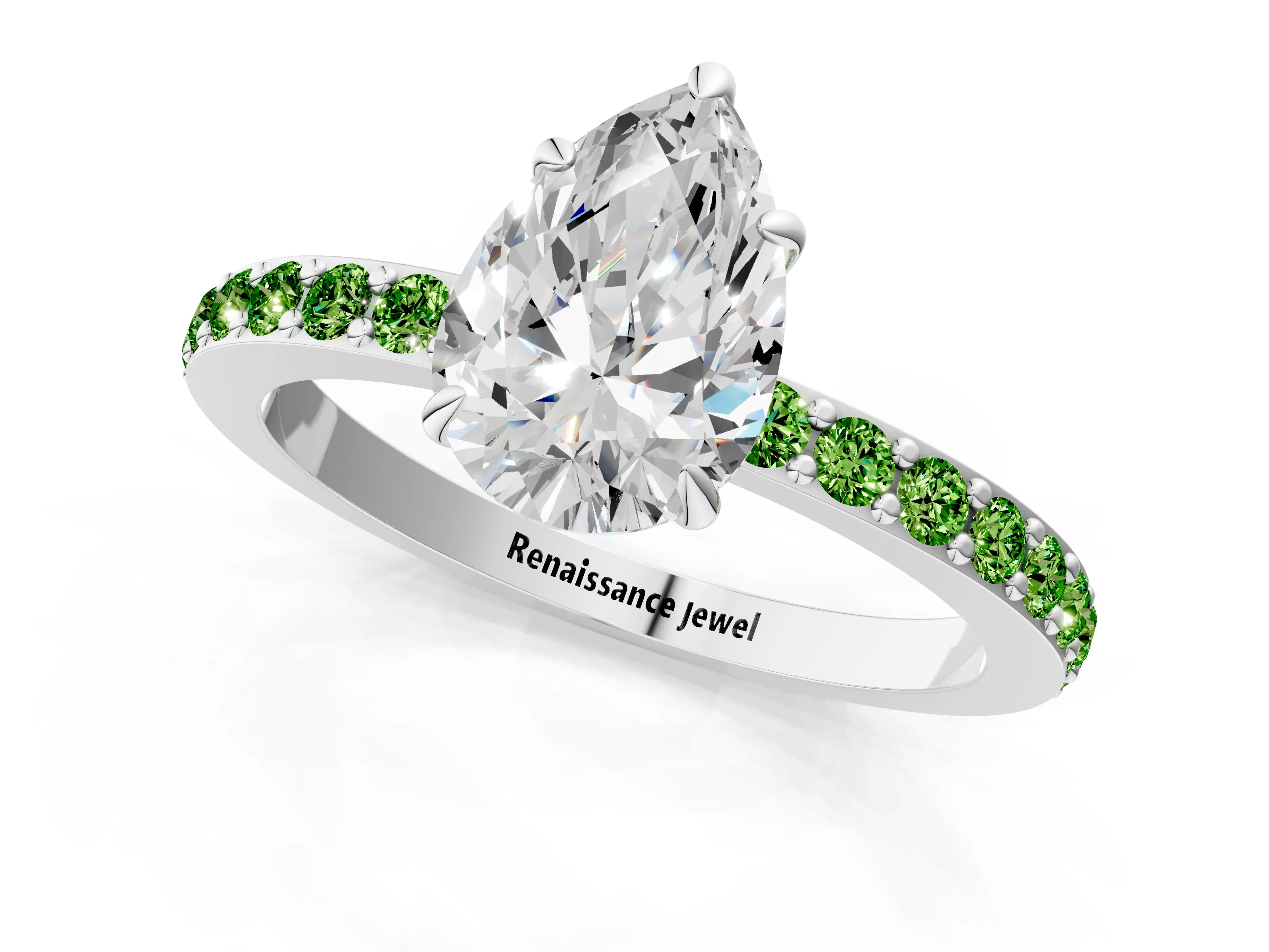White gold Pear Cut Diamond Pavé Engagement Ring with Round with Peridot side stone Accents and Prong Setting_25
