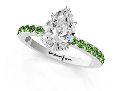 White gold Pear Cut Diamond Pavé Engagement Ring with Round with Peridot side stone Accents and Prong Setting_25