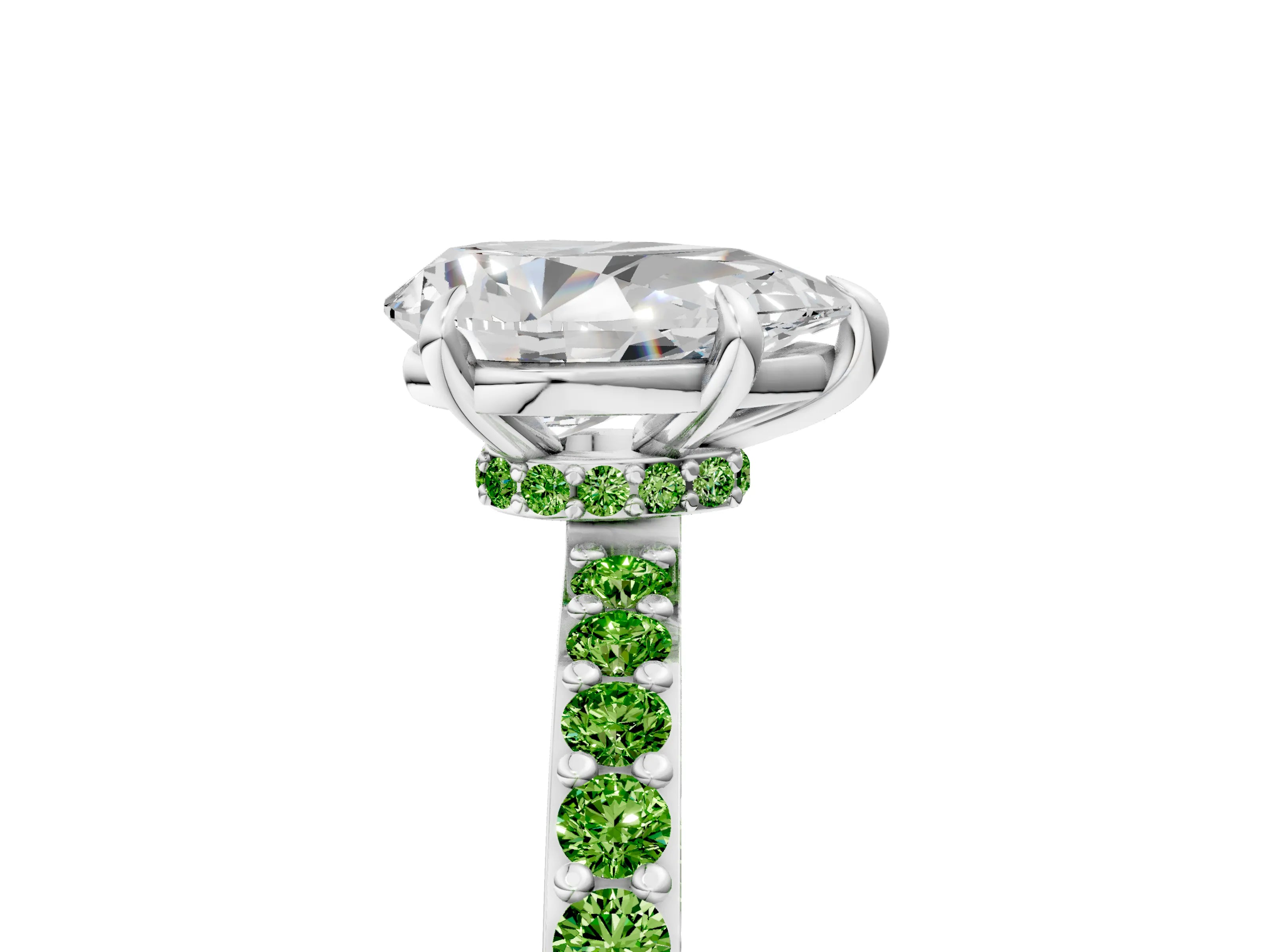 White gold Pear Cut Diamond Pavé Engagement Ring with Round with Peridot side stone Accents and Prong Setting_29