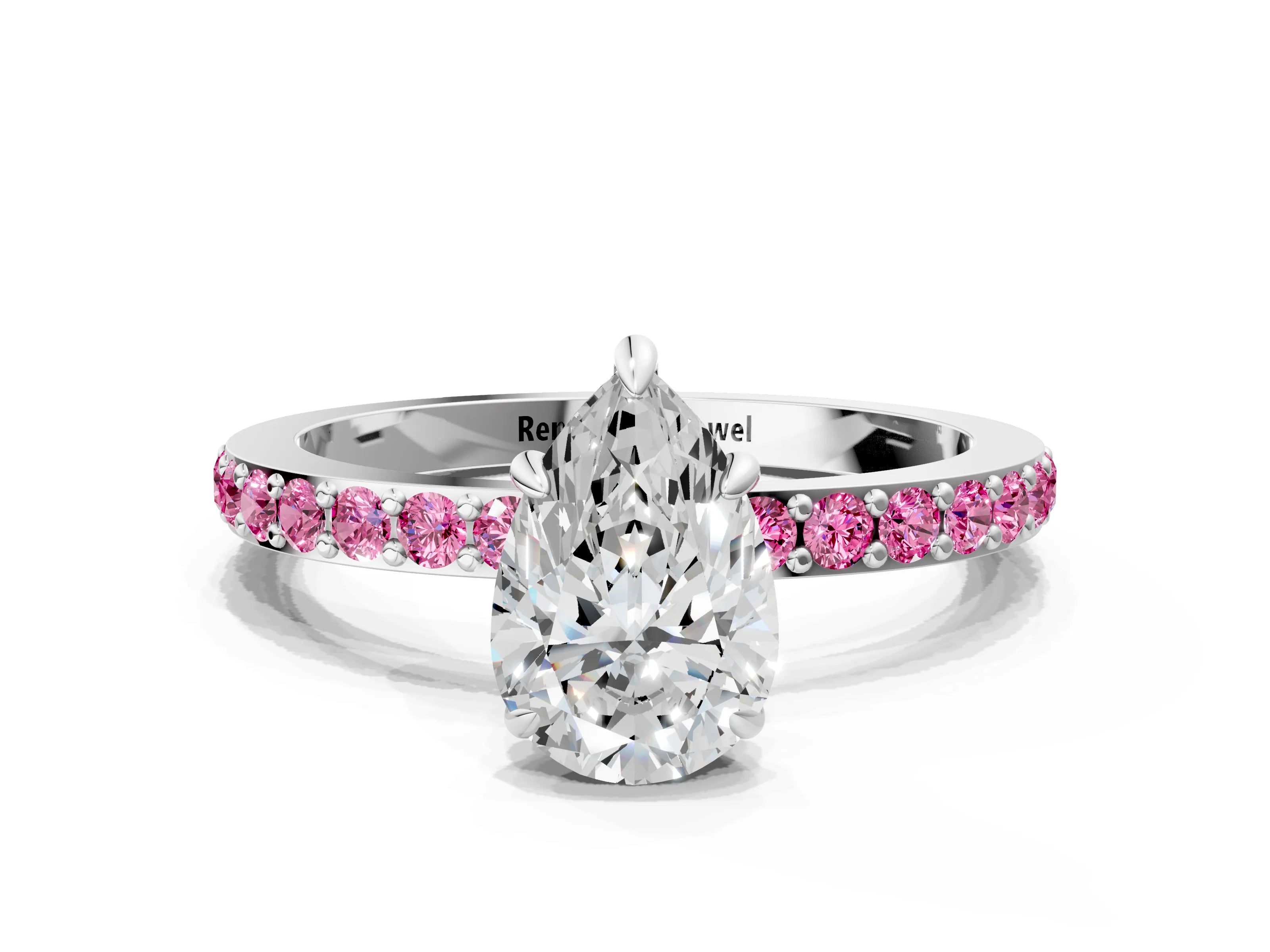 White gold Pear Cut Diamond Pavé Engagement Ring with Round with Pink Sapphire side stone Accents and Prong Setting_12