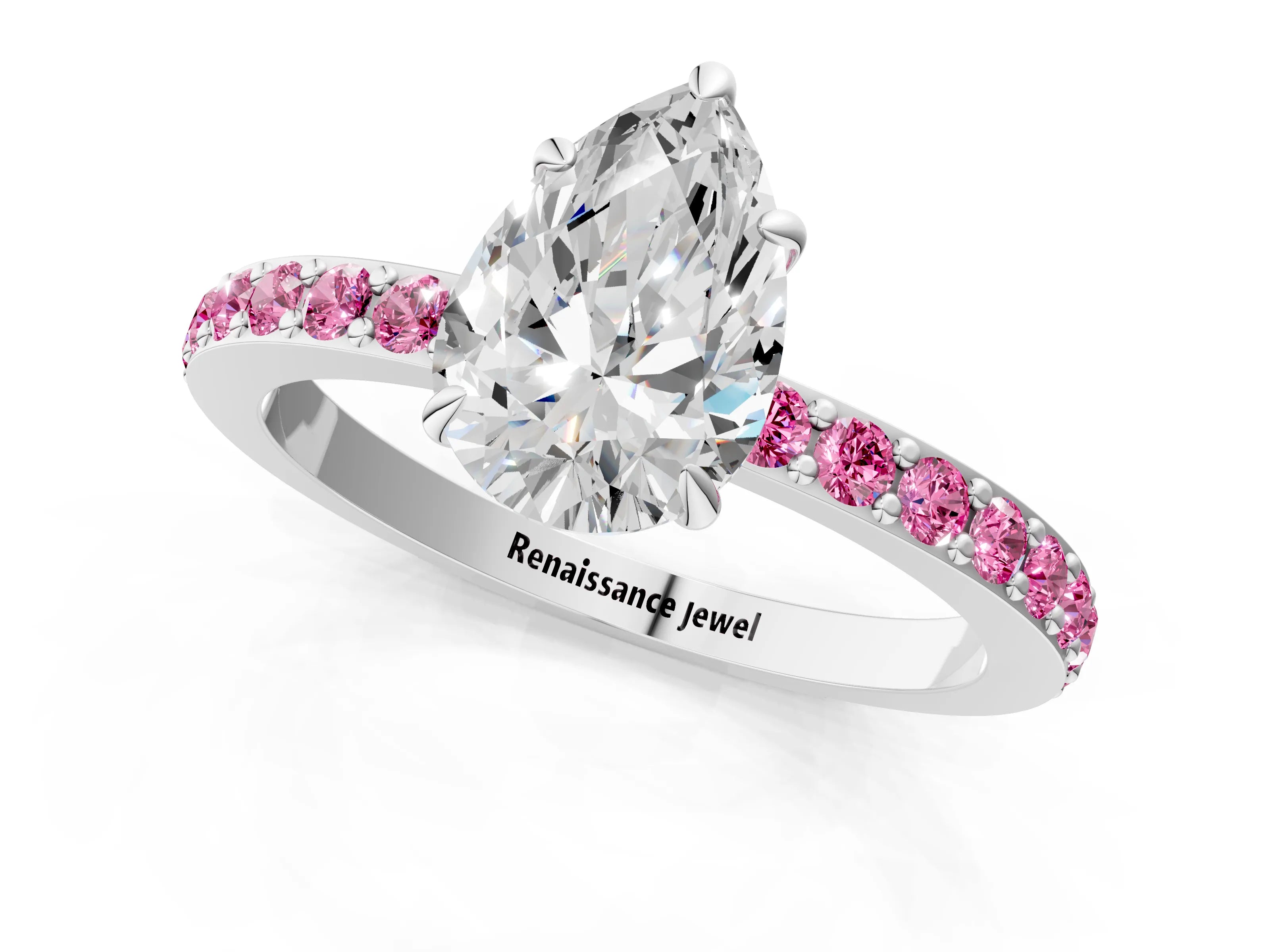 White gold Pear Cut Diamond Pavé Engagement Ring with Round with Pink Sapphire side stone Accents and Prong Setting_13