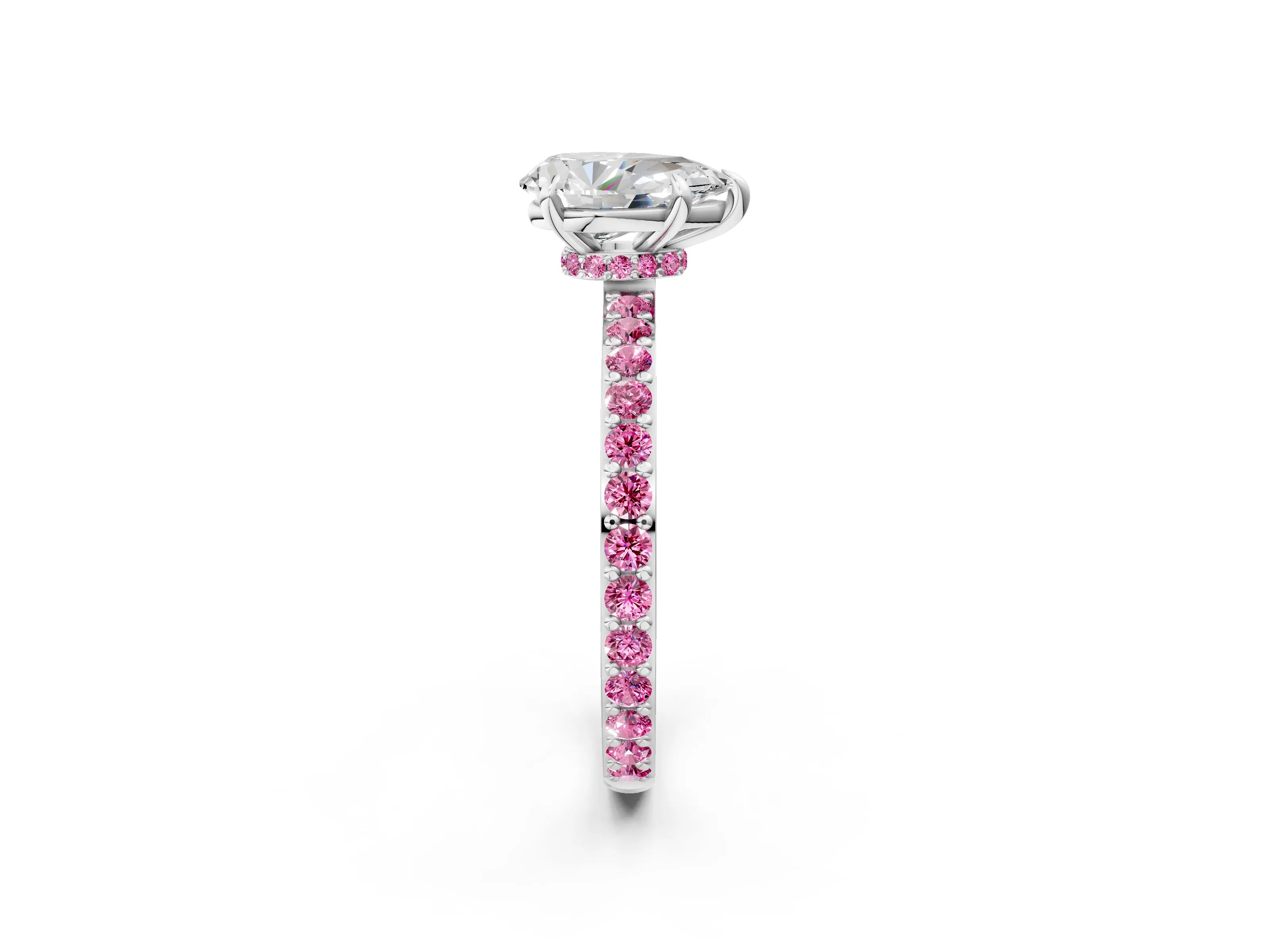 White gold Pear Cut Diamond Pavé Engagement Ring with Round with Pink Sapphire side stone Accents and Prong Setting_14